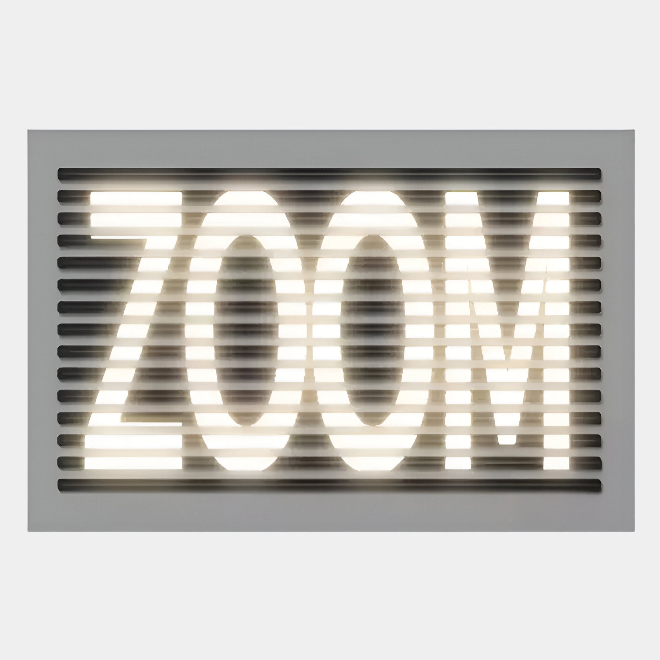 The Aurova III Contemporary Glow 3D LED Wall Art by Giant Sculptures features bright illuminated “ZOOM” lettering behind horizontal slats on a gray background, blending modern design with subtle industrial flair for contemporary spaces.