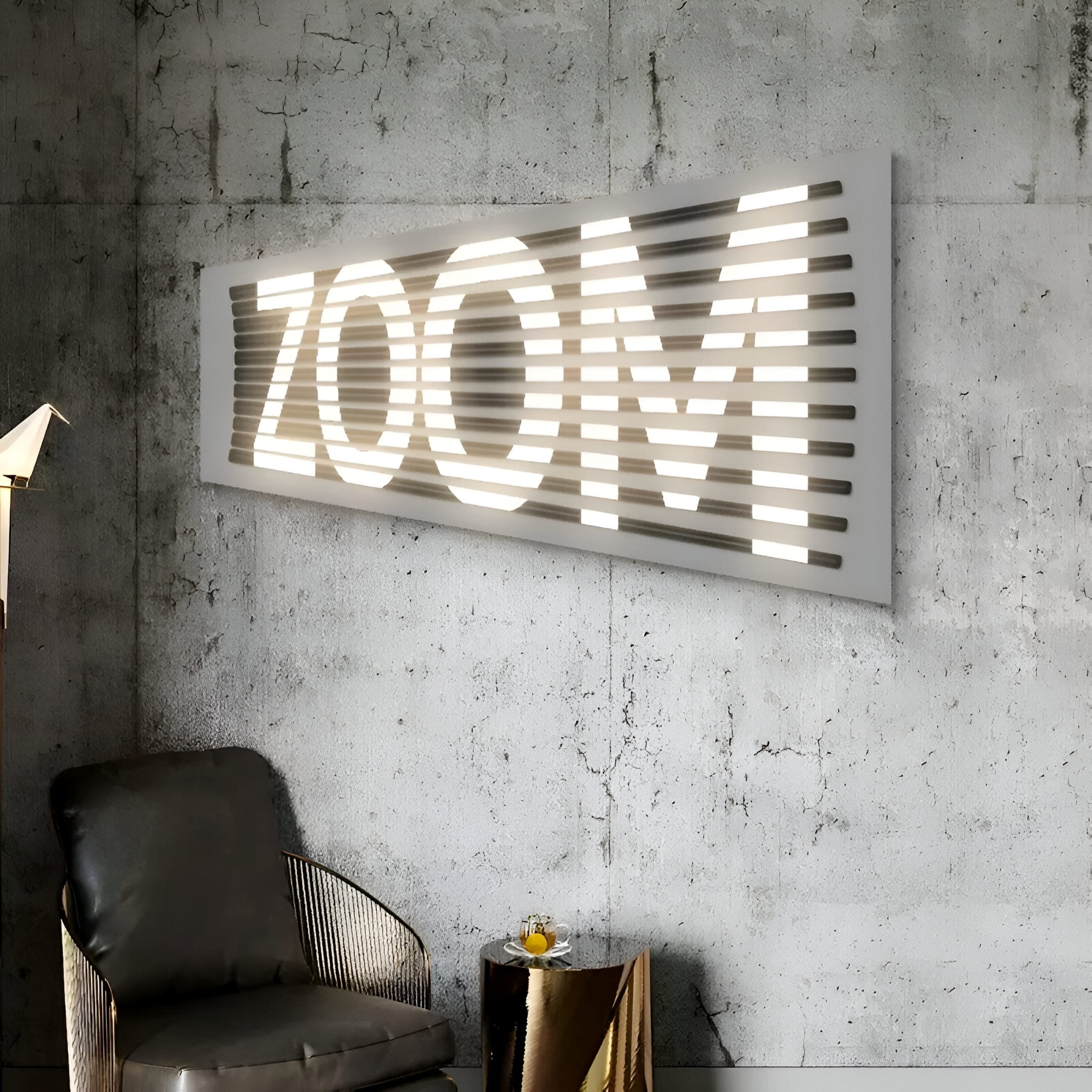 Contemporary LED wall art featuring the word ZOOM in a sleek frame, enhancing an industrial-style space with its bold typography.