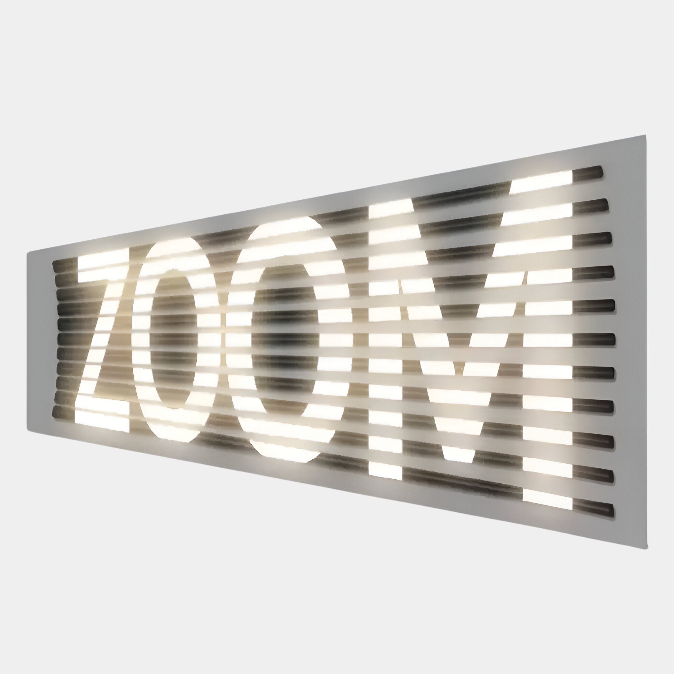 The Aurova III Industrial Glow 3D LED Wall Art by Giant Sculptures is a frameless, rectangular sign with ZOOM in warm white LEDs, partially hidden by gray slats—an eye-catching piece of industrial wall art.