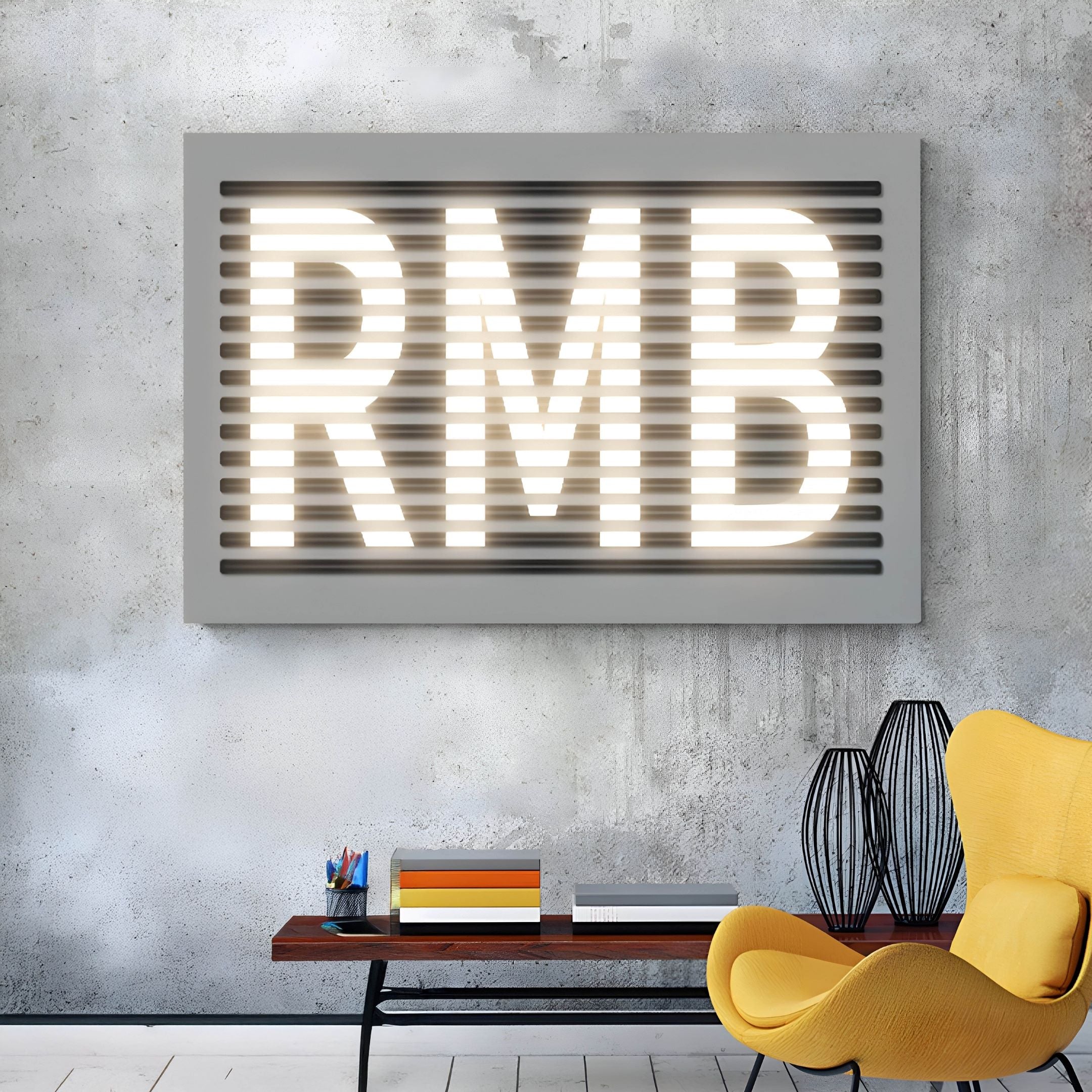 LED wall decor showcasing RMB in a sleek frame, enhancing an industrial-inspired living space with a modern artistic touch.