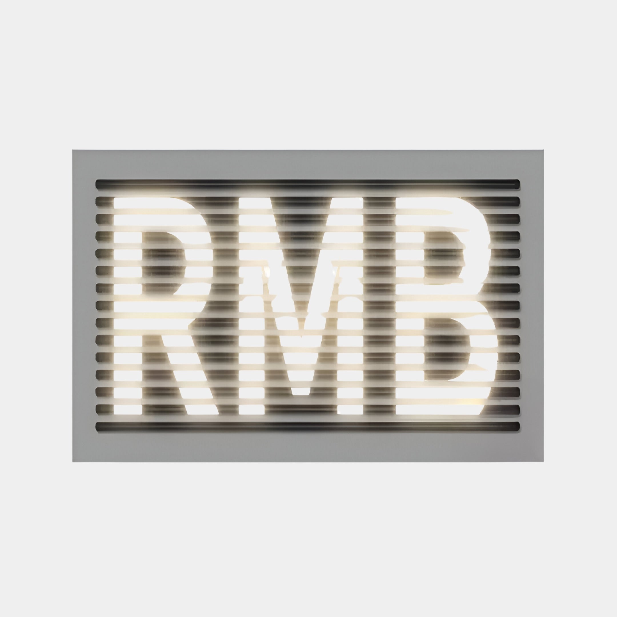 Illuminated wall art featuring the letters RMB in a modern design with horizontal slats, creating a bold statement for contemporary interiors.