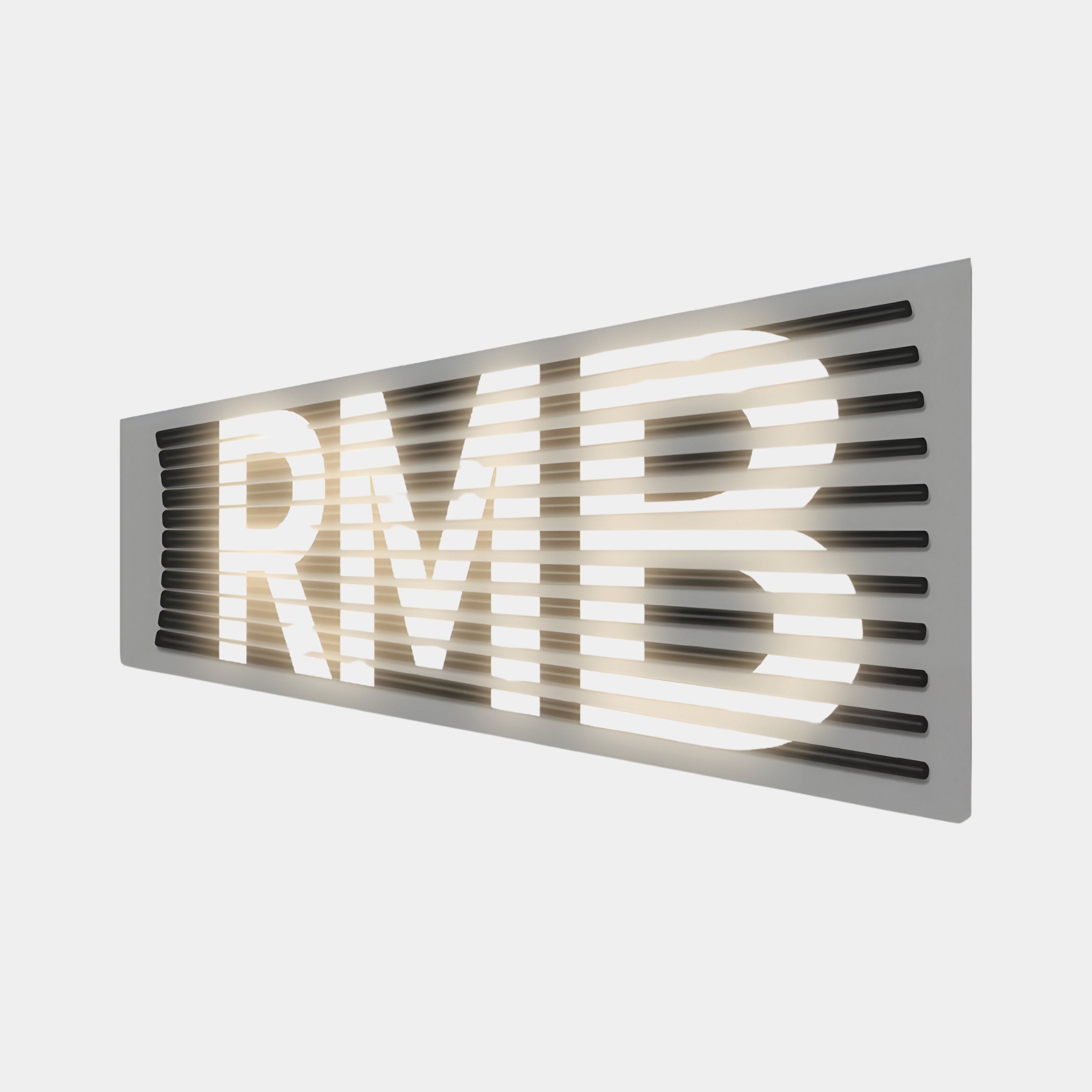 Angled view of illuminated wall art featuring the letters RMB with a modern slatted design, adding a contemporary touch to interior spaces.