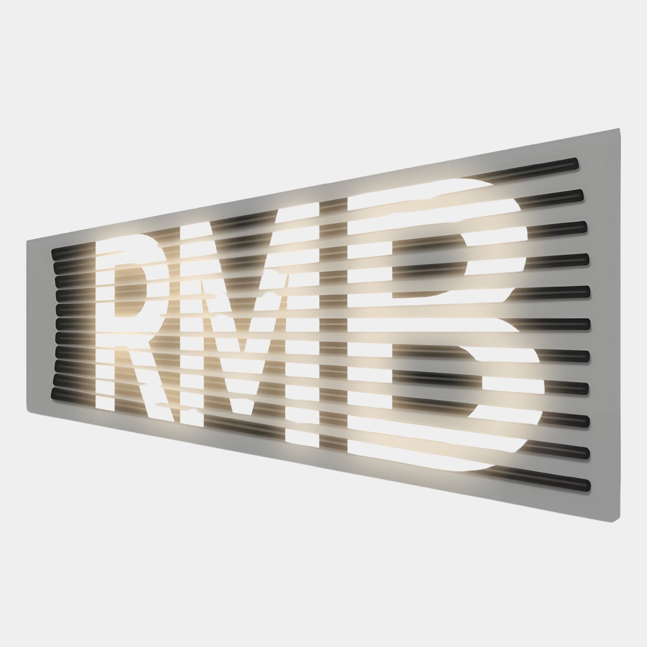 Aurova II Industrial Glow 3D LED Wall Art by Giant Sculptures features large illuminated RMB letters on white, partly obscured by horizontal black slats, viewed at an angle—a striking industrial-inspired statement piece.