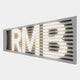 Aurova II Industrial Glow 3D LED Wall Art by Giant Sculptures features large illuminated RMB letters on white, partly obscured by horizontal black slats, viewed at an angle—a striking industrial-inspired statement piece.