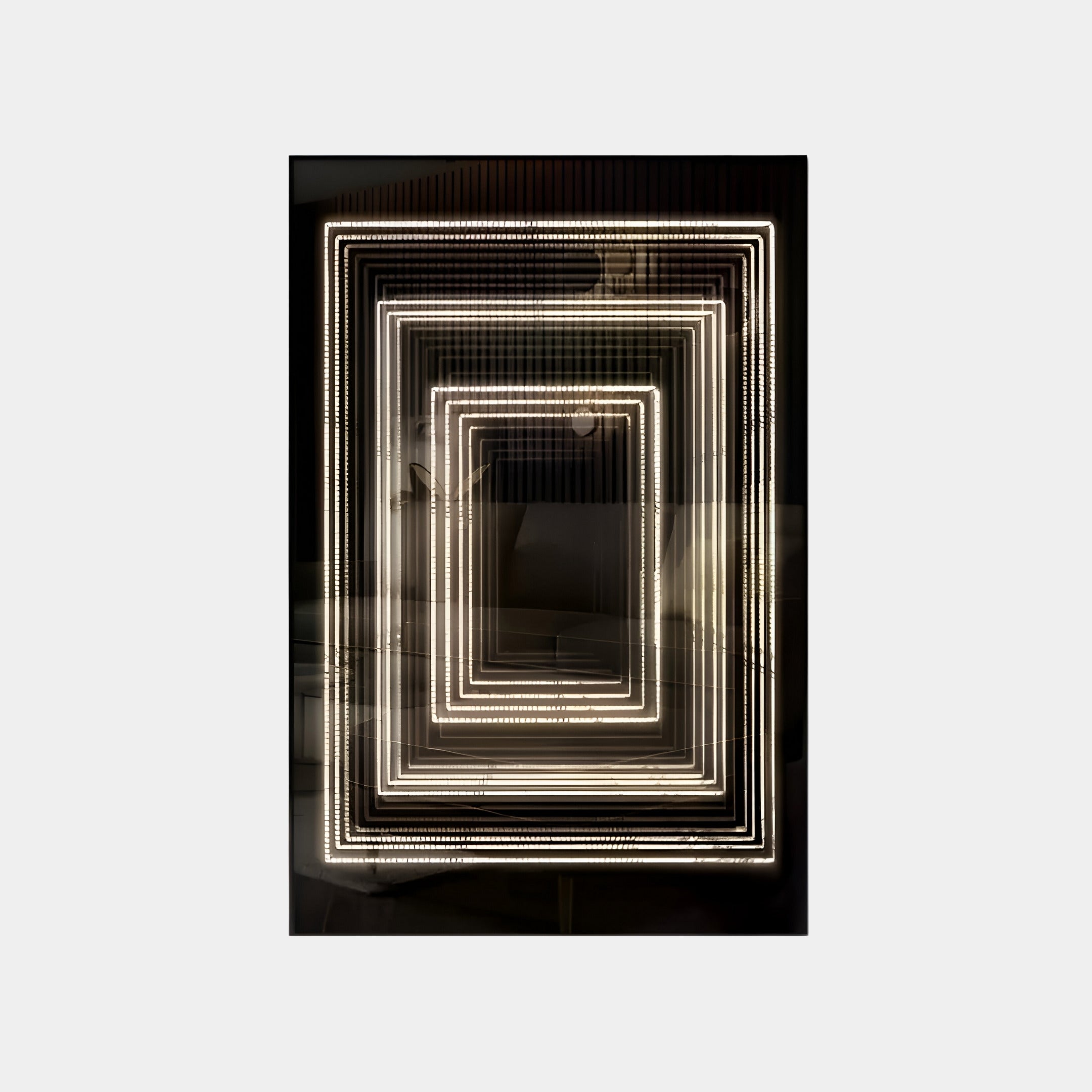 Abstract image of multiple rectangular frames of white light, creating a tunnel-like effect similar to the Vitralis Urban Mirage 3D Mirror LED Wall Art by Giant Sculptures. The dark background heightens the illusion, captivating luxury interiors with illuminated shapes.