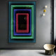 The Vitralis Colorwave 3D Mirror LED Wall Art by Giant Sculptures showcases layered neon rectangles in red, blue, and green, producing a vibrant 3D reflection. Its installed on a dark wall beside a minimalist sconce and is enhanced by a nearby contemporary chair.