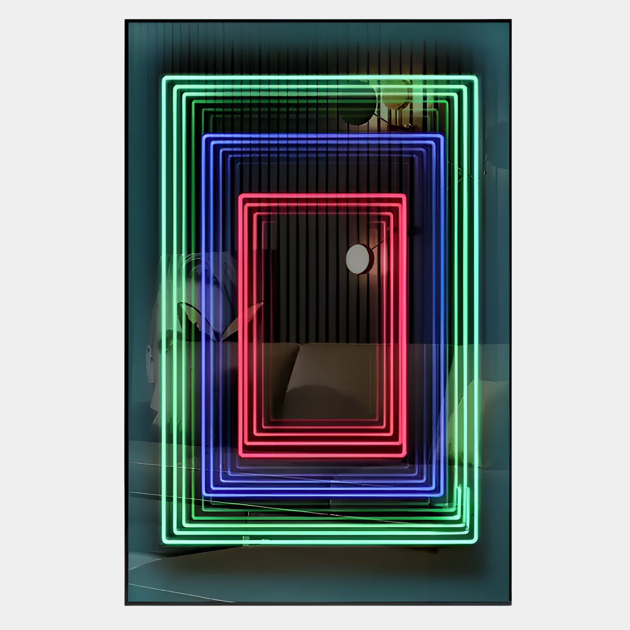 The Vitralis Colorwave 3D Mirror LED Wall Art by Giant Sculptures features a rectangular mirror outlined with vibrant neon green, blue, and red rectangles, creating a glowing layered tunnel effect for striking modern decor.