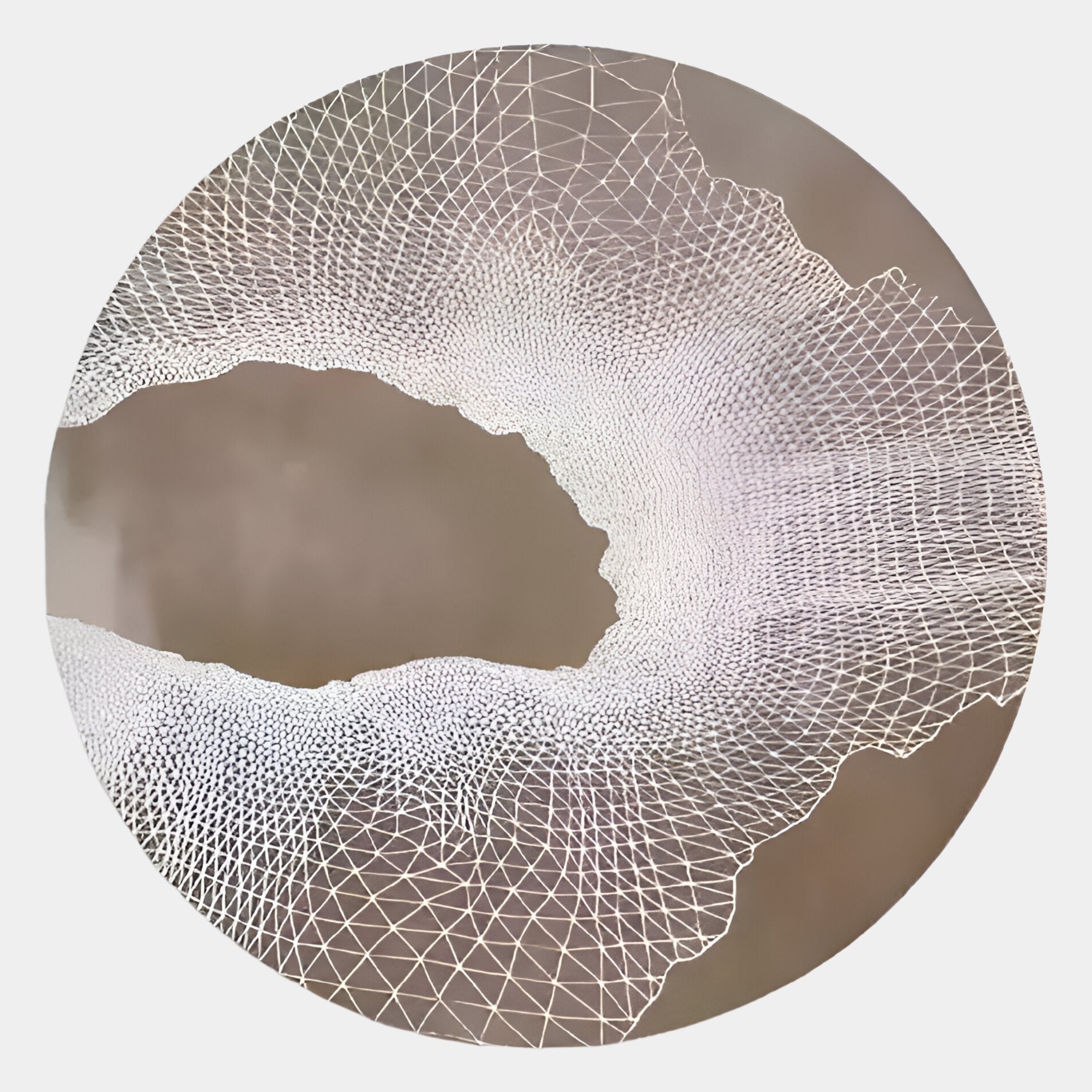 The Earthlight Amber Glow 3D Textured Oil Painting LED Wall Art by Giant Sculptures showcases a circular abstract design with an irregular white wireframe and triangular patterns, set on a soft brown and beige background with a gentle amber glow.