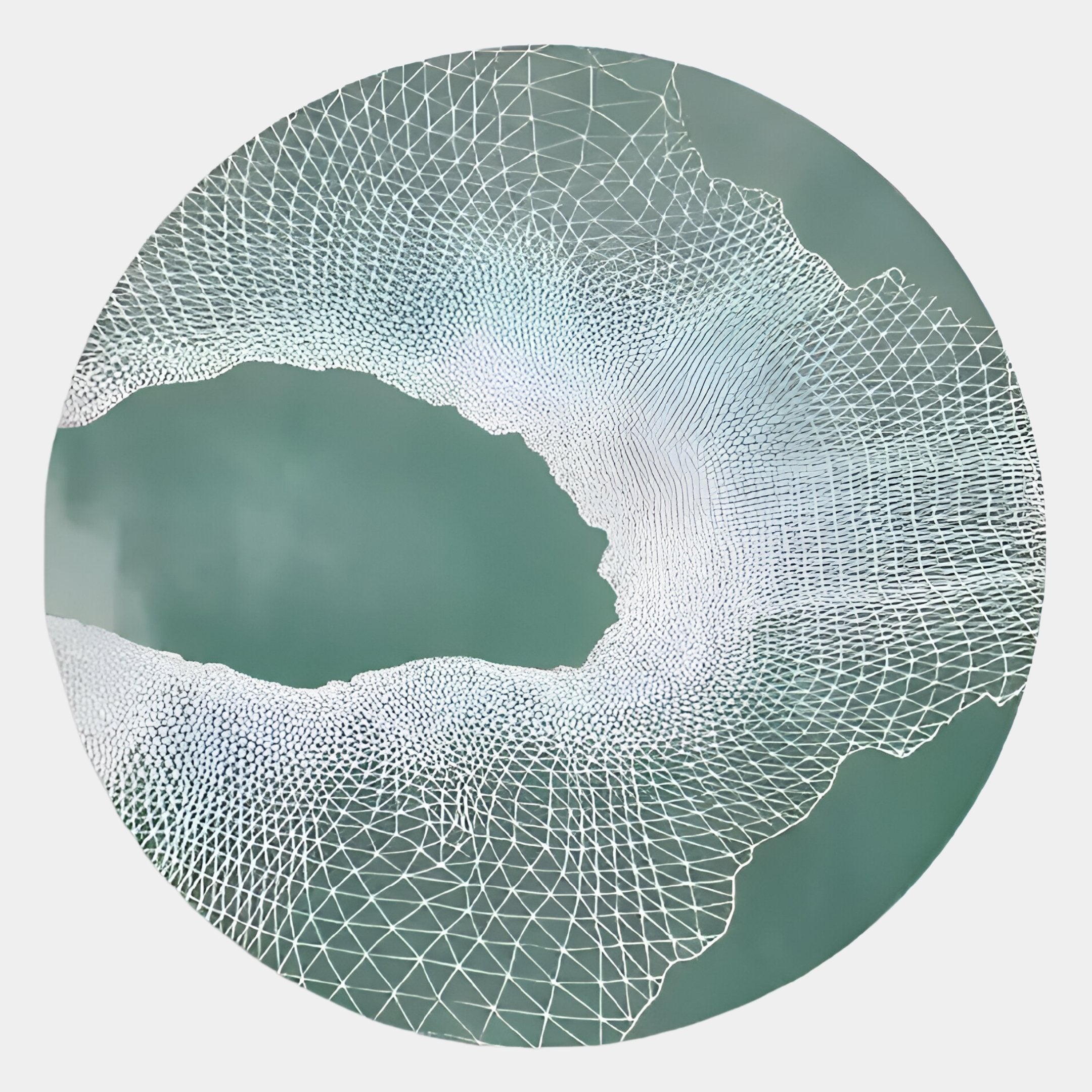 Earthlight Ocean Breeze 3D Textured Oil Painting LED Wall Art by Giant Sculptures features abstract circular design with a green background and white, web-like geometric mesh layered across the center for a modern look.
