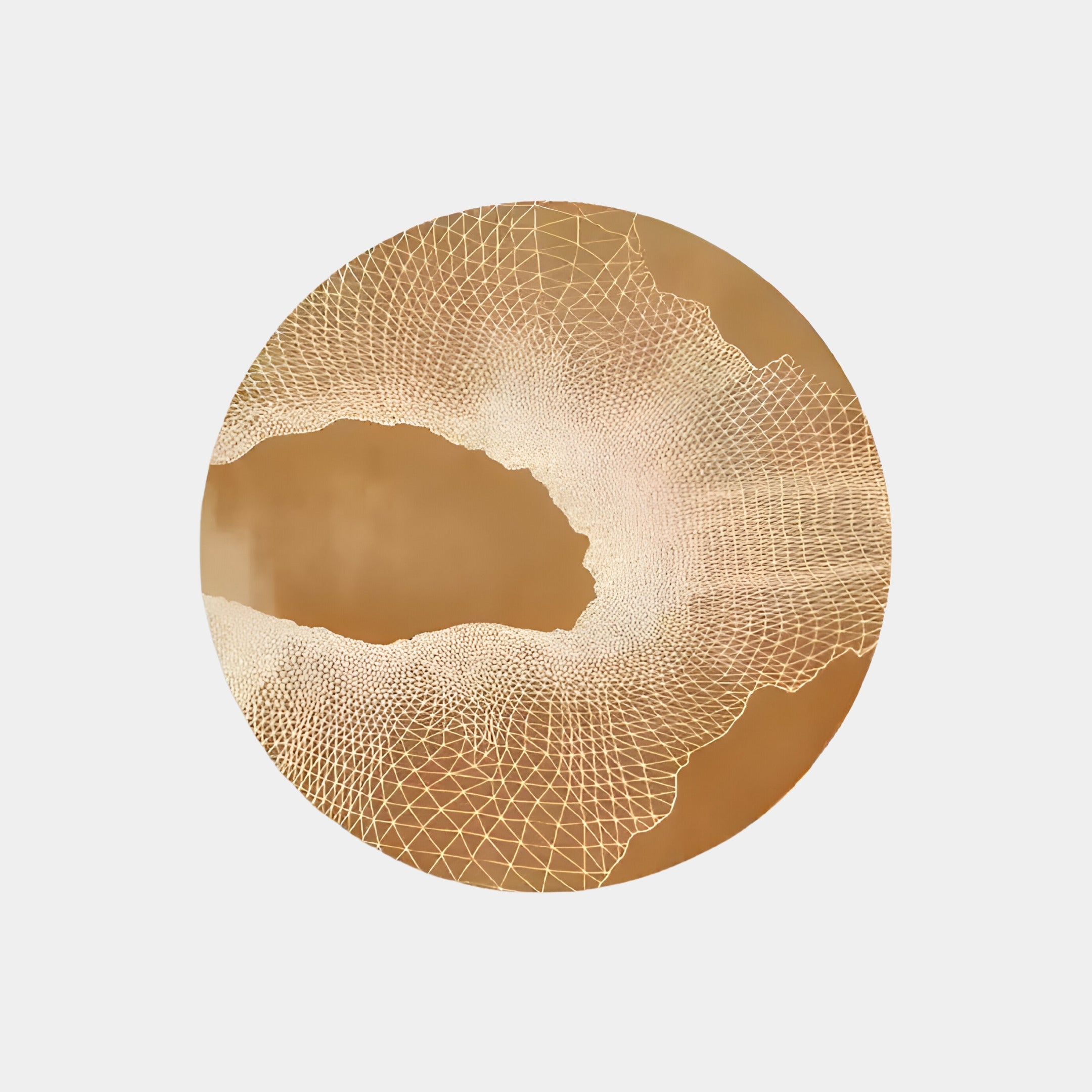 The Earthlight Golden Horizon 3D Textured Oil Painting LED Wall Art by Giant Sculptures features a beige and brown geometric pattern on a neutral background, creating an illusion of depth and movement. Perfect for luxury interiors, it captivates with its wireframe tunnel-like design.