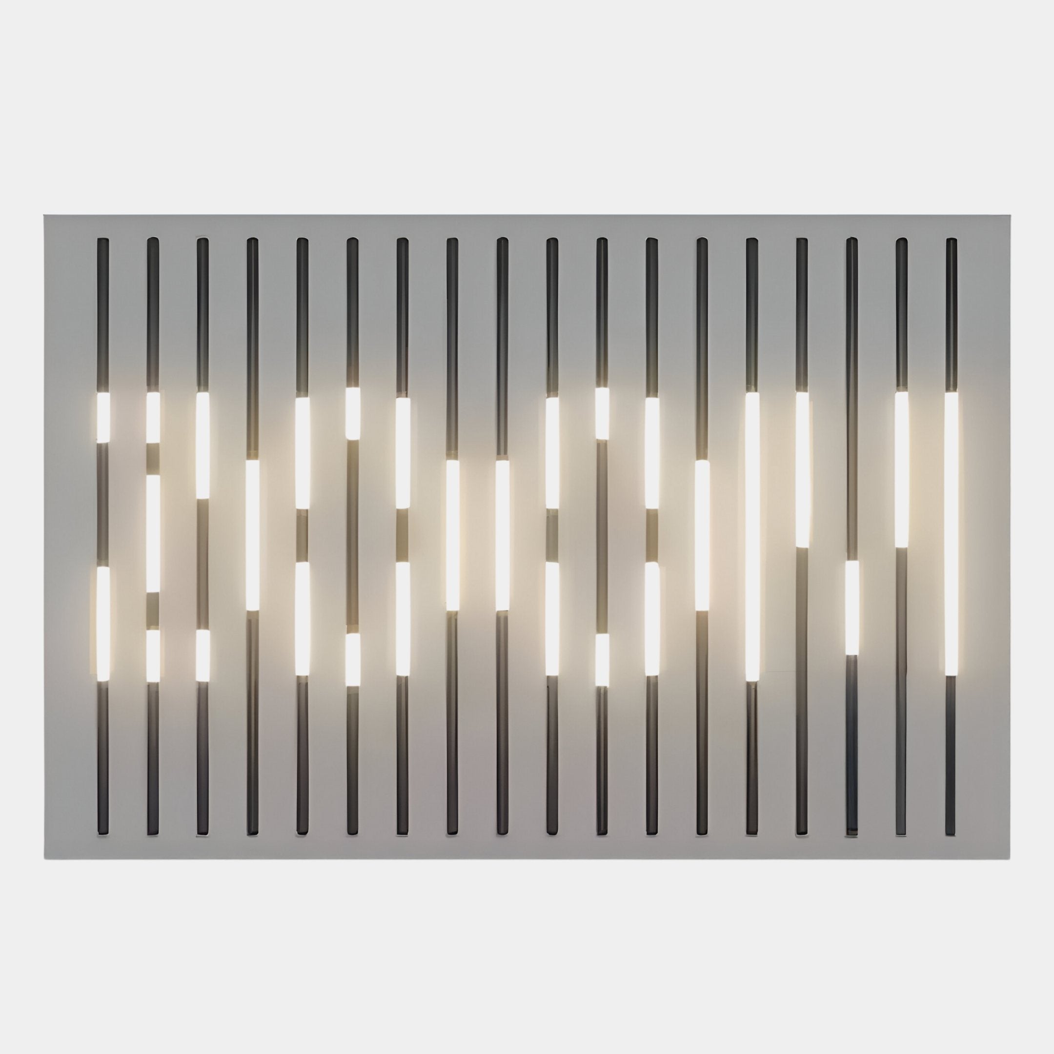 The Verlux Contemporary Radiance 3D LED Wall Art by Giant Sculptures features vertical black slats and staggered illuminated light strips, adding modern elegance and vibrant light to any white background.