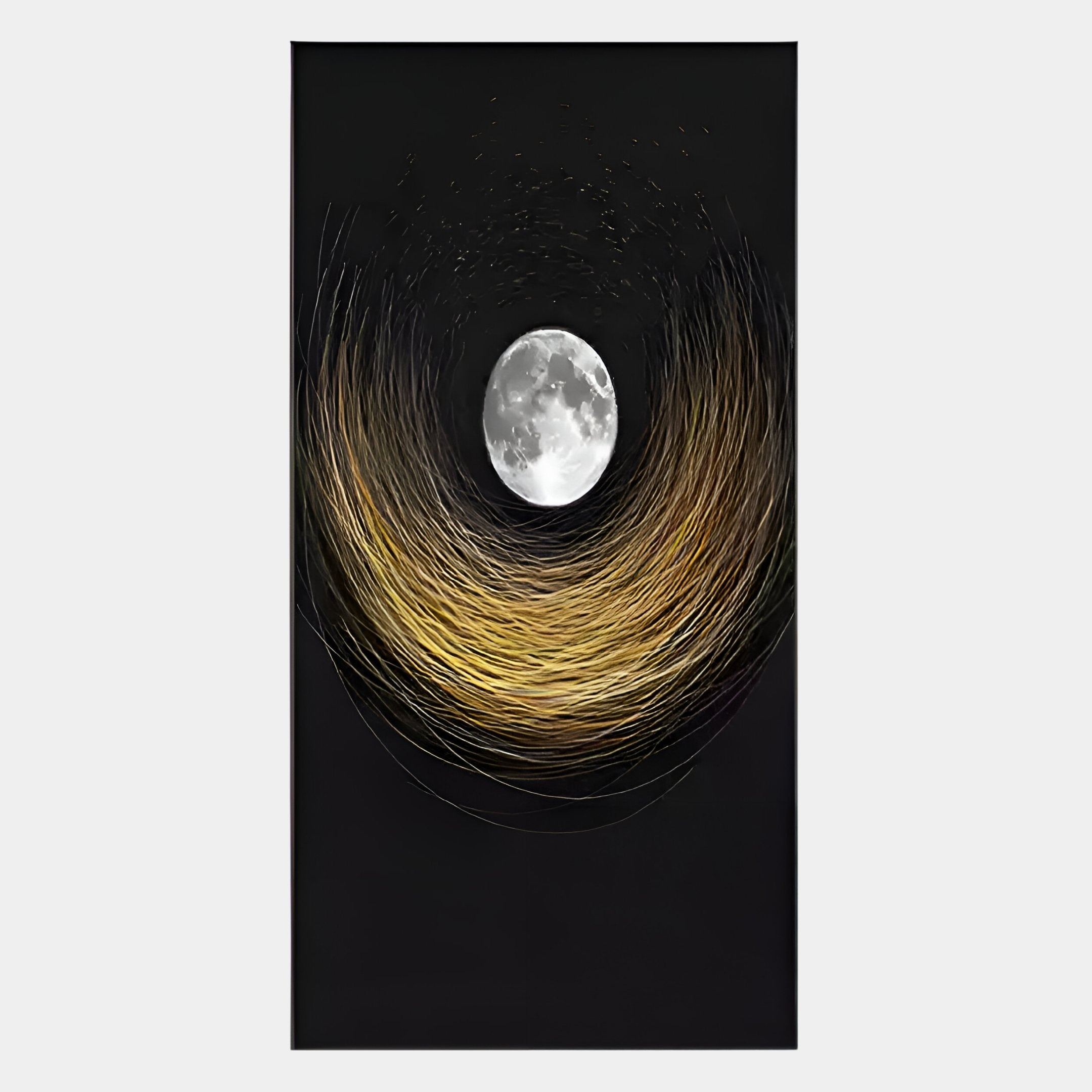 The Celeste Lunar Glow LED Wall Art by Giant Sculptures features a full moon on a black background, with golden and white light trails forming a crescent pattern—celestial inspiration for your space.
