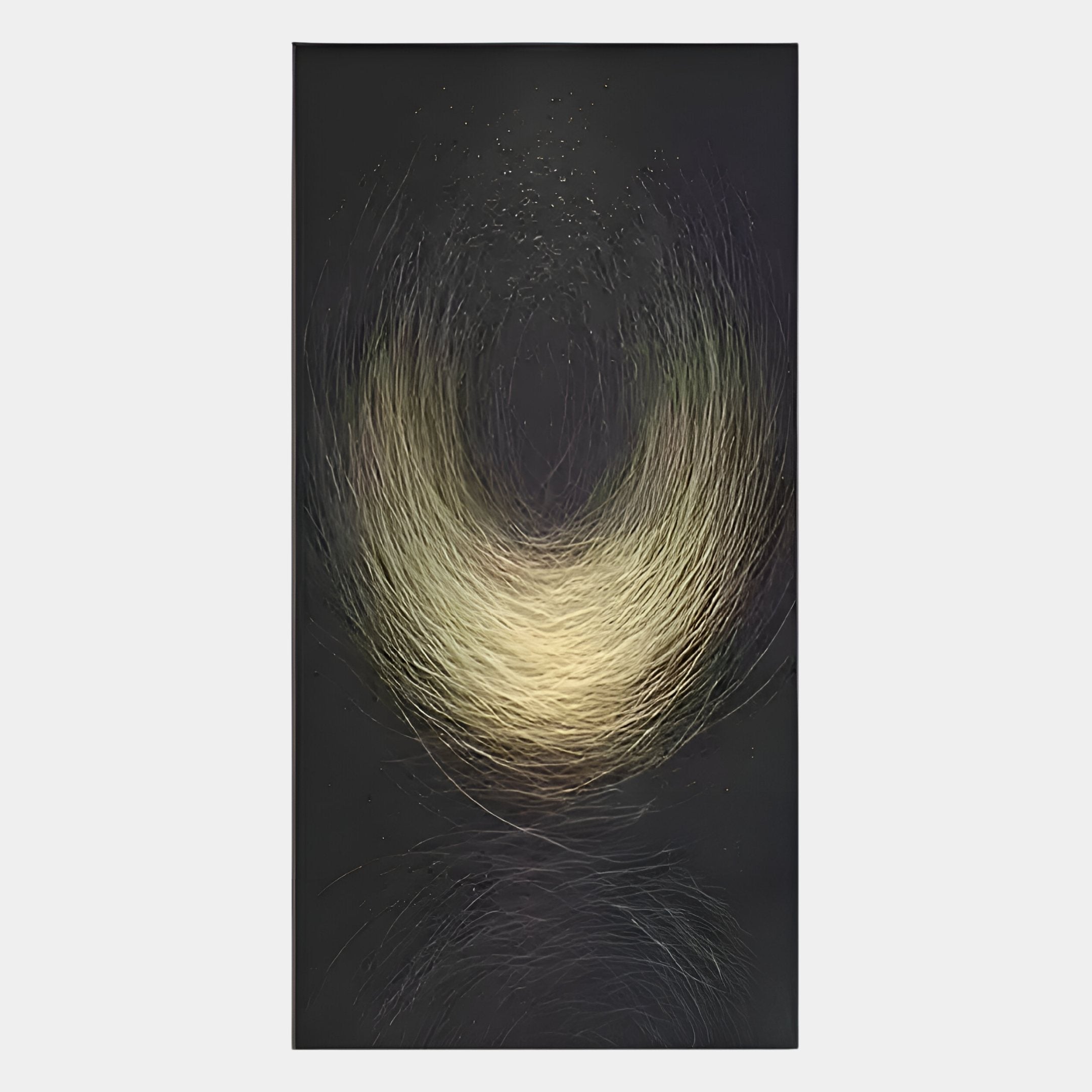 The Celeste Radiant Vortex LED Wall Art by Giant Sculptures features a spiral of textured lines forming a glowing crescent on a dark background, radiating light yellow and soft green—ideal for contemporary decor.