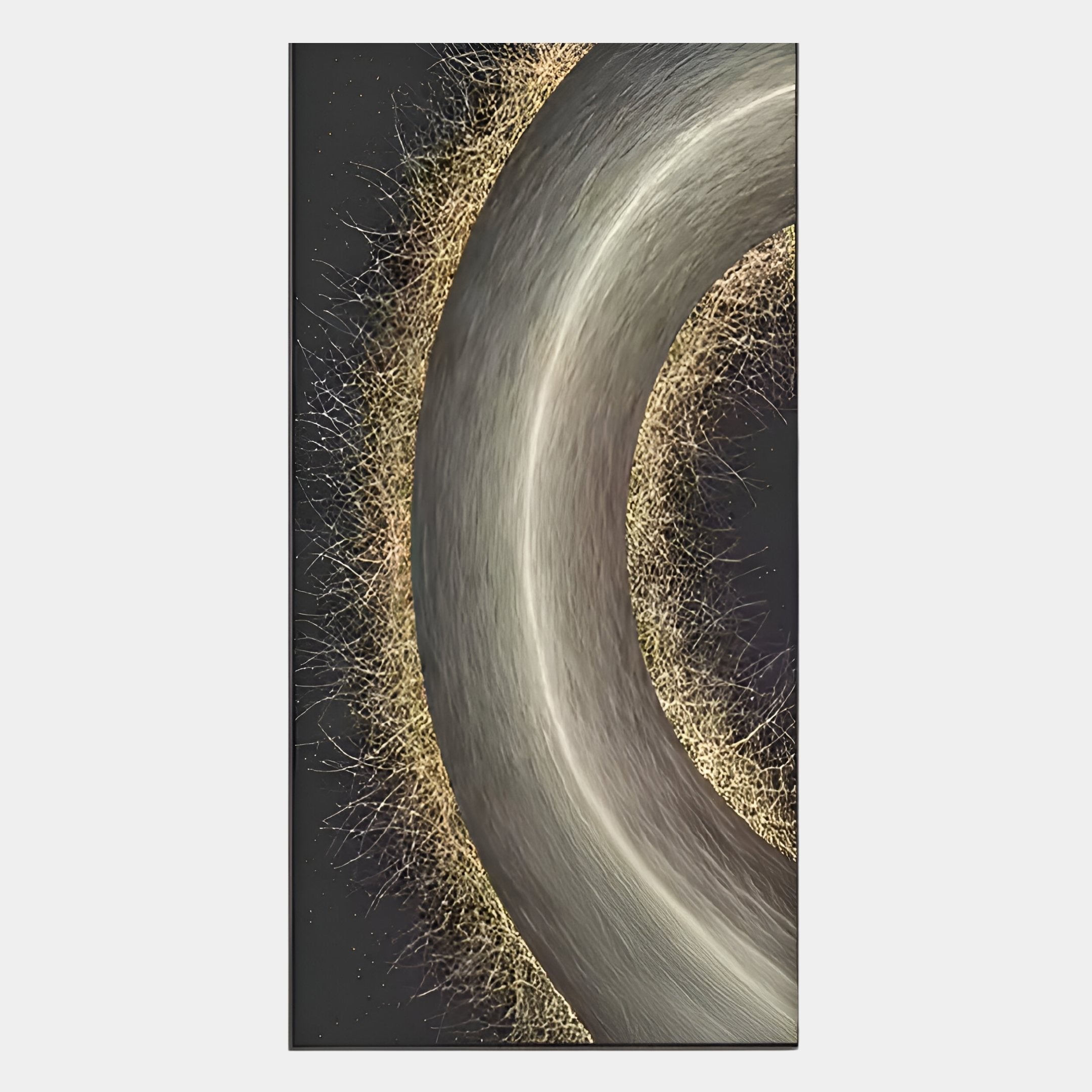 Celeste Orbit Glow LED Wall Art by Giant Sculptures showcases a striking metallic arc with golden strands on a black background, adding dynamic energy and texture to modern interiors. Perfect for statement-making contemporary spaces.