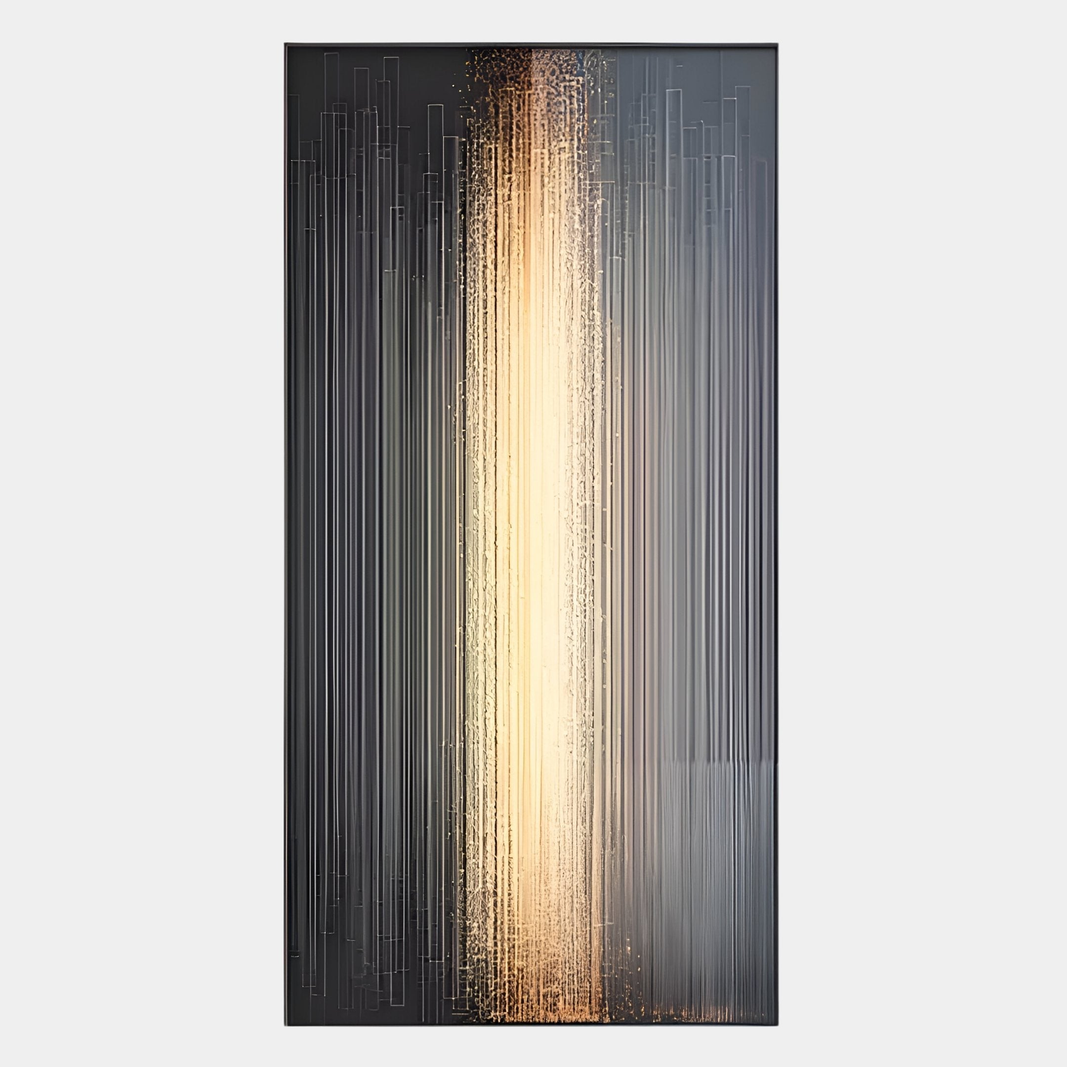 The Celeste Luminescent Cascade LED Wall Art by Giant Sculptures showcases abstract digital art with vertical lines and glowing golden particles forming a luminous central column against a dark gray background.