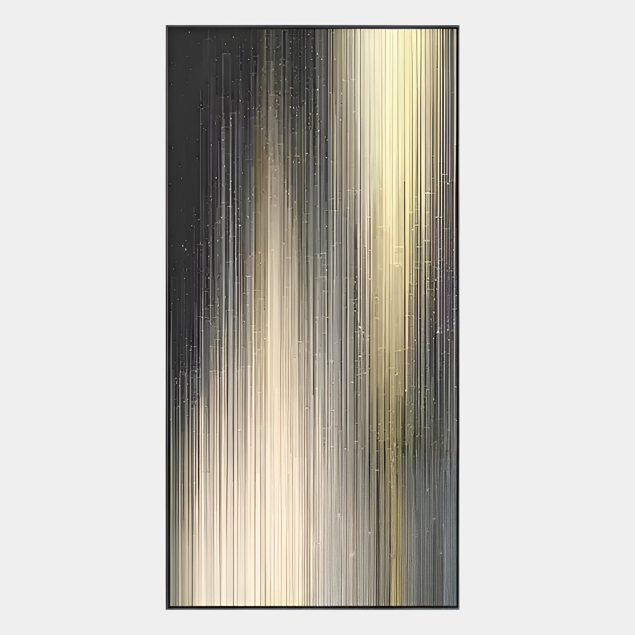The Celeste Gradient Flow LED Wall Art by Giant Sculptures features vertical lines in cream, beige, black, and gray, blending light tones at the center and dark edges for a modern, sophisticated look—perfect for contemporary interiors.