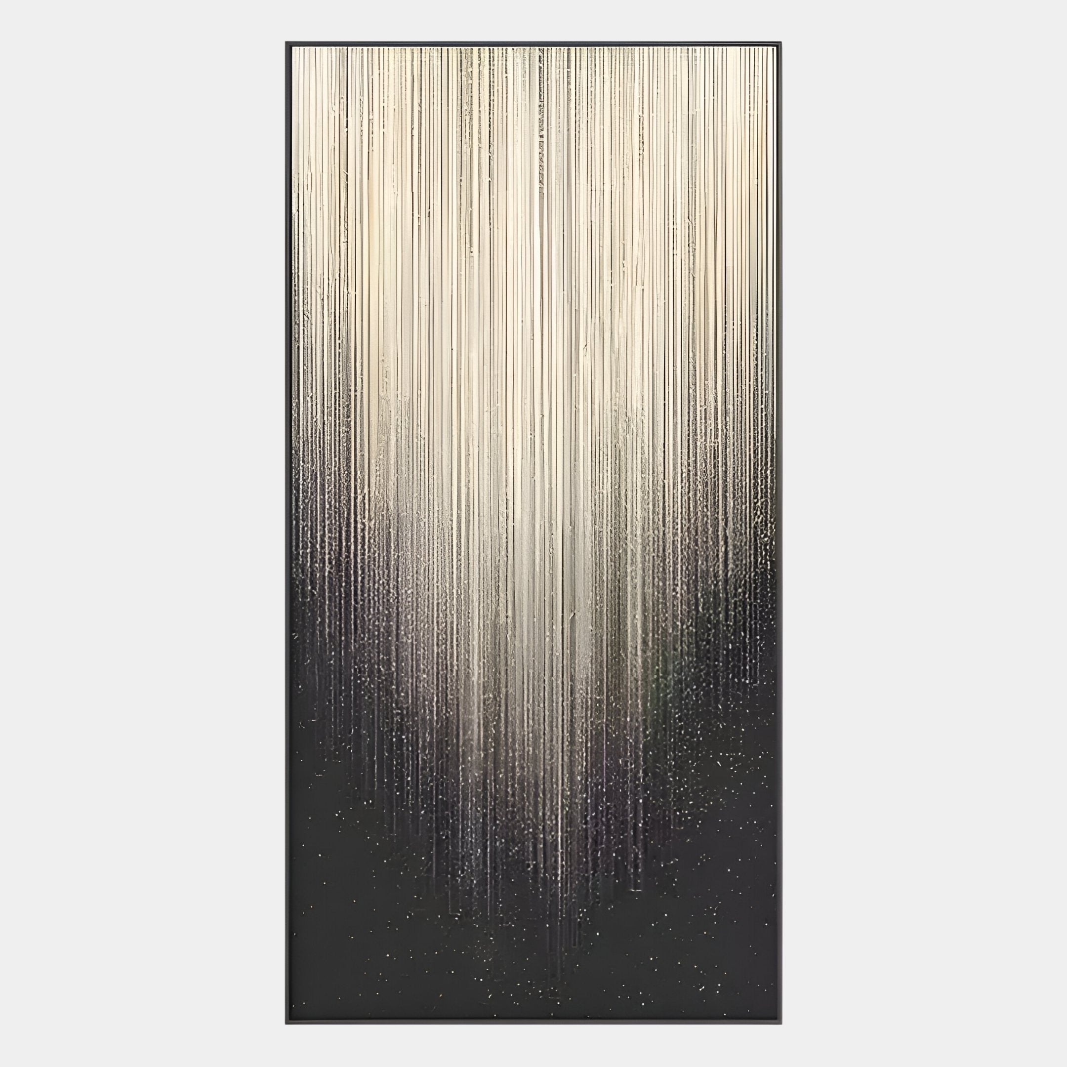 Celeste Lightfall LED Wall Art by Giant Sculptures features vertical streaks of light beige and cream cascading over a dark gray backdrop with speckled white dots, evoking rain or beams—ideal for contemporary interiors.