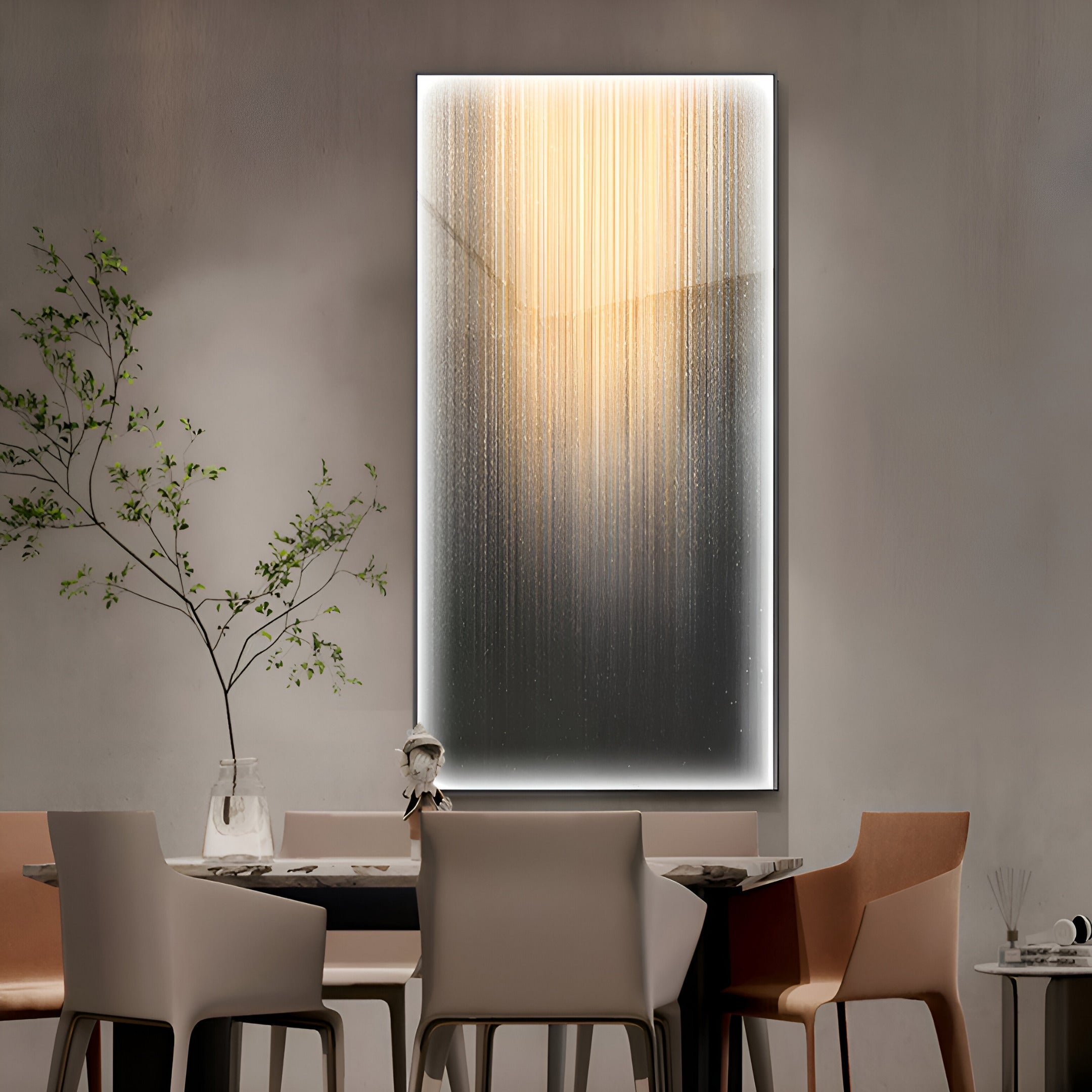 The modern dining area, part of stylish living spaces, showcases the Celeste Radiance Reflection LED Wall Art by Giant Sculptures glowing above four chairs around a table. A small vase with a branch adds natures touch, while the neutral palette seamlessly blends gray, beige, and brown tones.