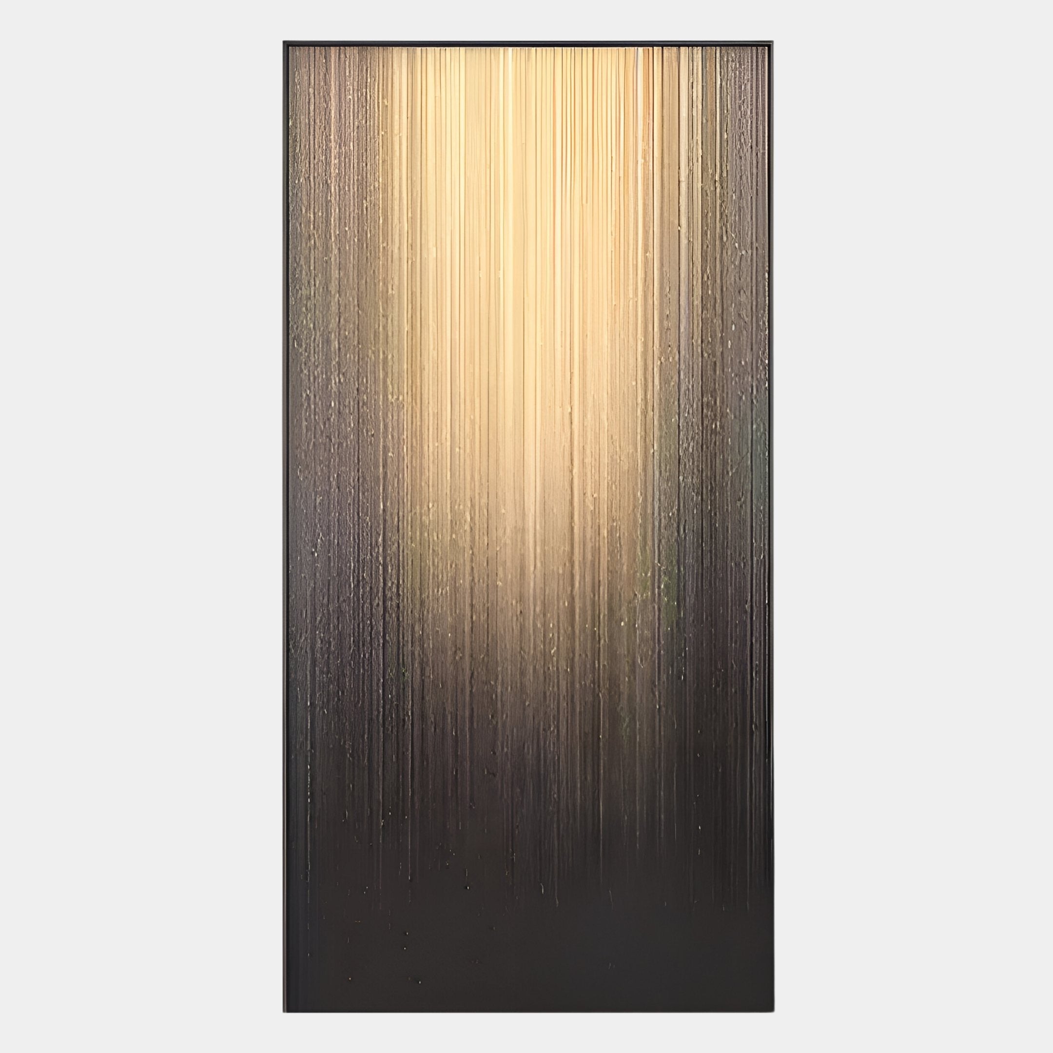 The Celeste Radiance Reflection LED Wall Art by Giant Sculptures features vertical streaks of light yellow and gold fading to dark, evoking rain or light beams—perfect for adding a contemporary touch to modern living spaces.