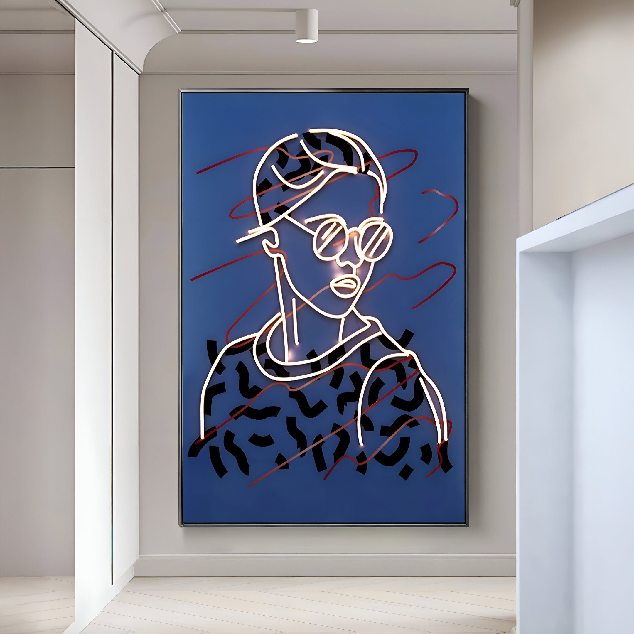 Giant Sculptures Polaris Urban Vogue Crystal Porcelain 3D LED Wall Art features a stylized portrait with neon-outlined sunglasses against a blue backdrop and red squiggly lines, perfect for vibrant illumination in a minimalist room.