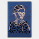 The Polaris Urban Vogue Crystal Porcelain 3D LED Wall Art by Giant Sculptures features a modern, minimalist design with a person in round glasses and cap on a blue background with abstract black and red patterns—ideal for stylish interiors.