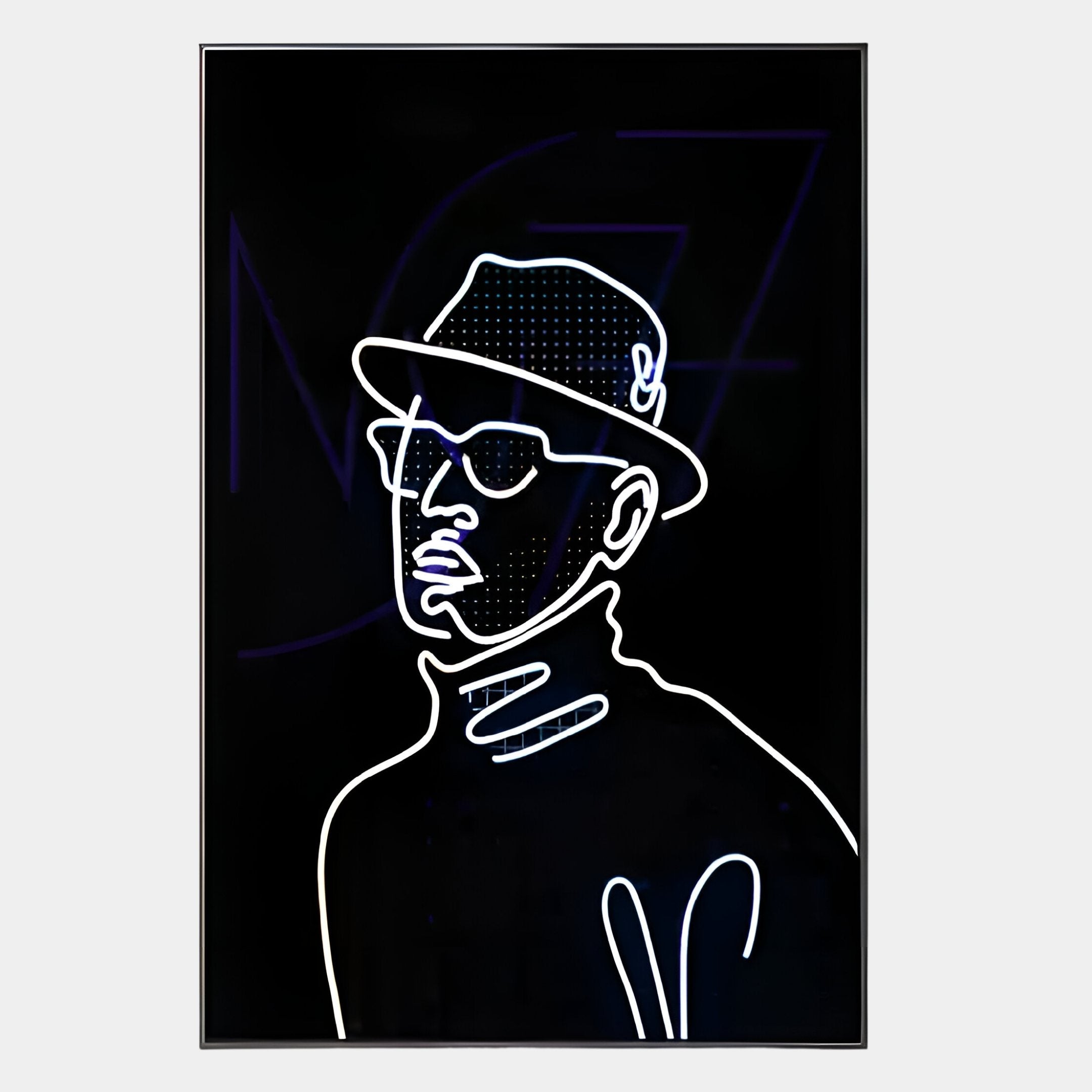 The Polaris Retro Charm Crystal Porcelain 3D LED Wall Art by Giant Sculptures features neon line art of a person in glasses, a brimmed hat, and turtleneck on black—adding modern retro flair to any space.