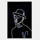 The Polaris Retro Charm Crystal Porcelain 3D LED Wall Art by Giant Sculptures features neon line art of a person in glasses, a brimmed hat, and turtleneck on black—adding modern retro flair to any space.