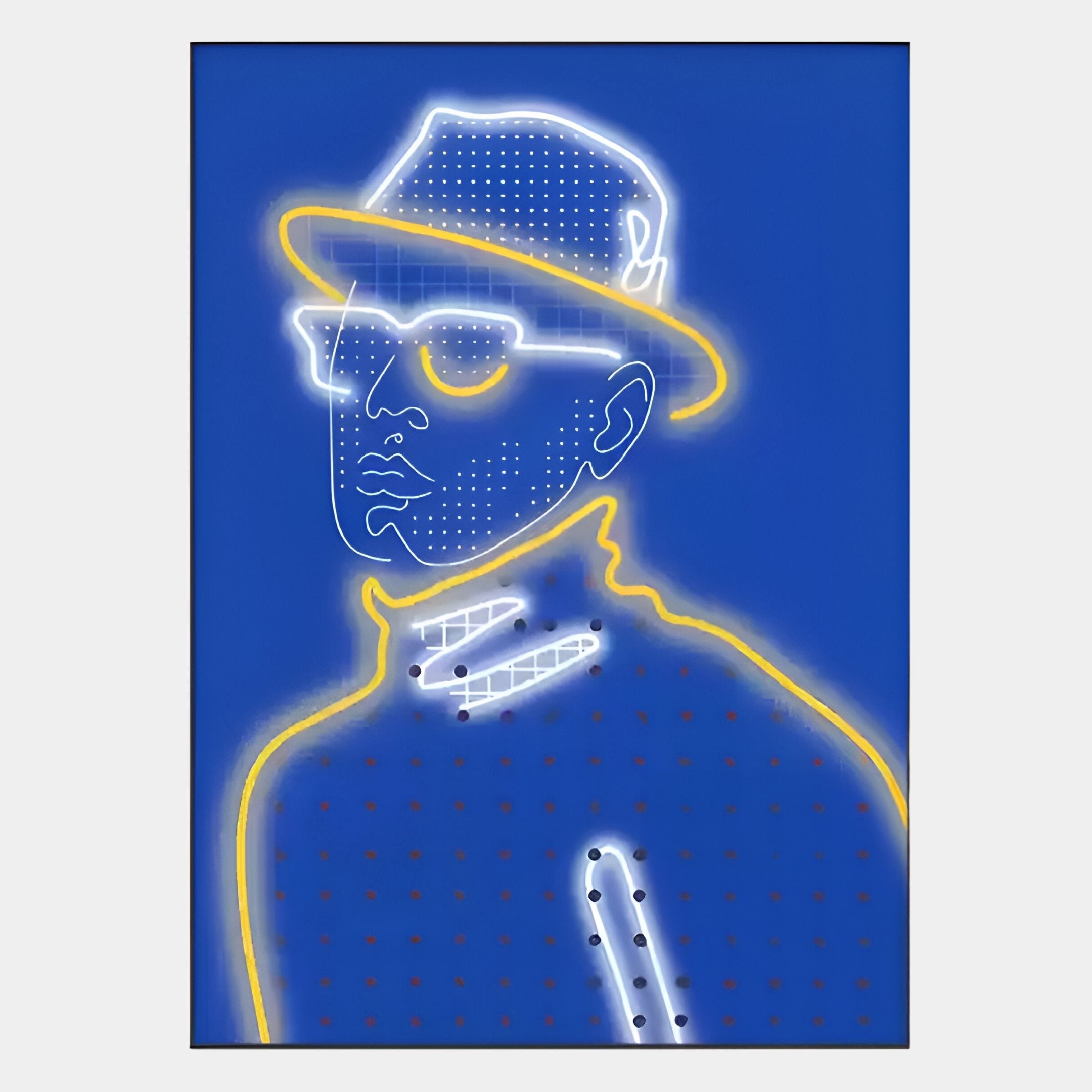 The Orison Blue Illusion Crystal Porcelain 3D LED Wall Art by Giant Sculptures features a neon-style line drawing of a person in glasses, hat, and coat on blue, with glowing yellow and white lines for a modern luminous effect.