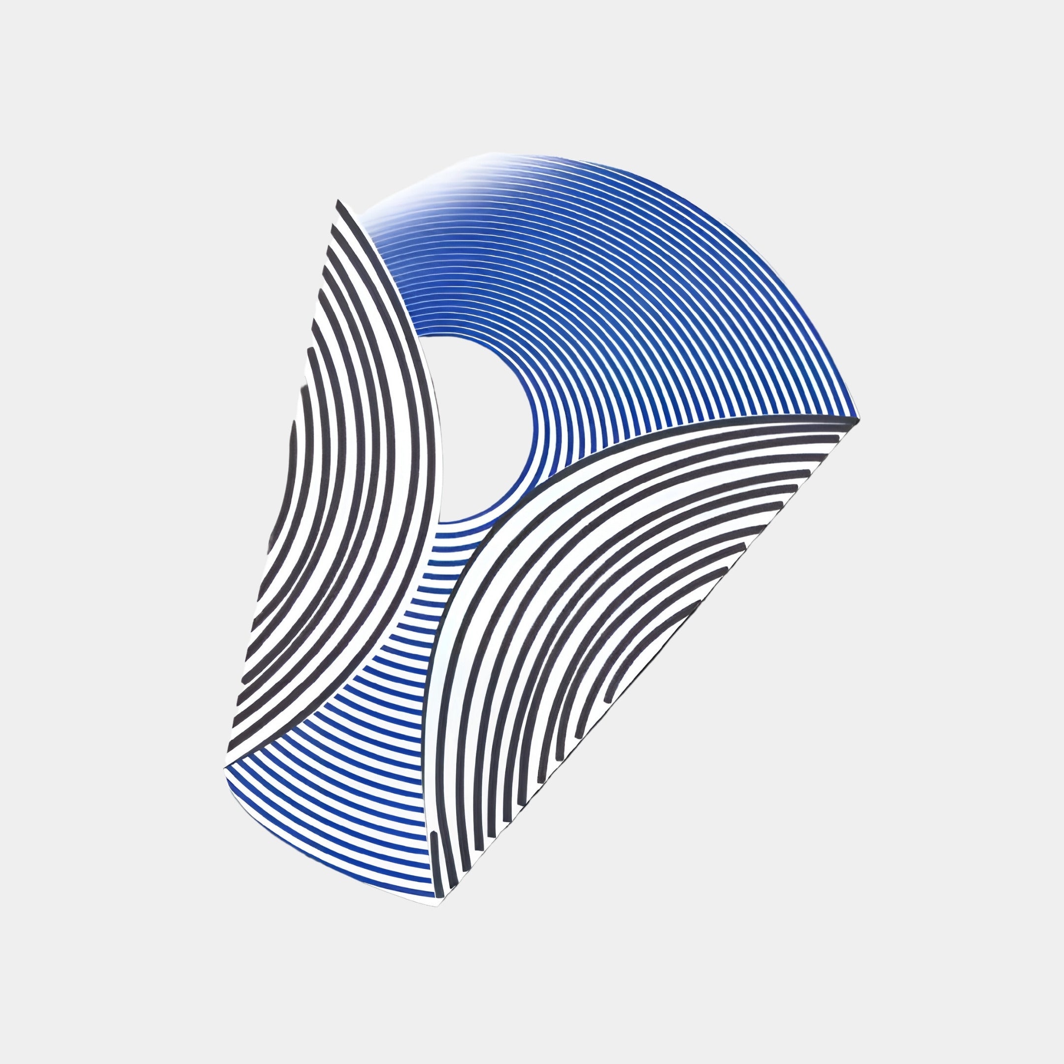 The Orison Noir Harmony UV Wood 3D Wall Art by Giant Sculptures features a futuristic modern centerpiece design with black and blue concentric curved lines forming geometric patterns on a light gray background, resembling a spiraling fan or shell.