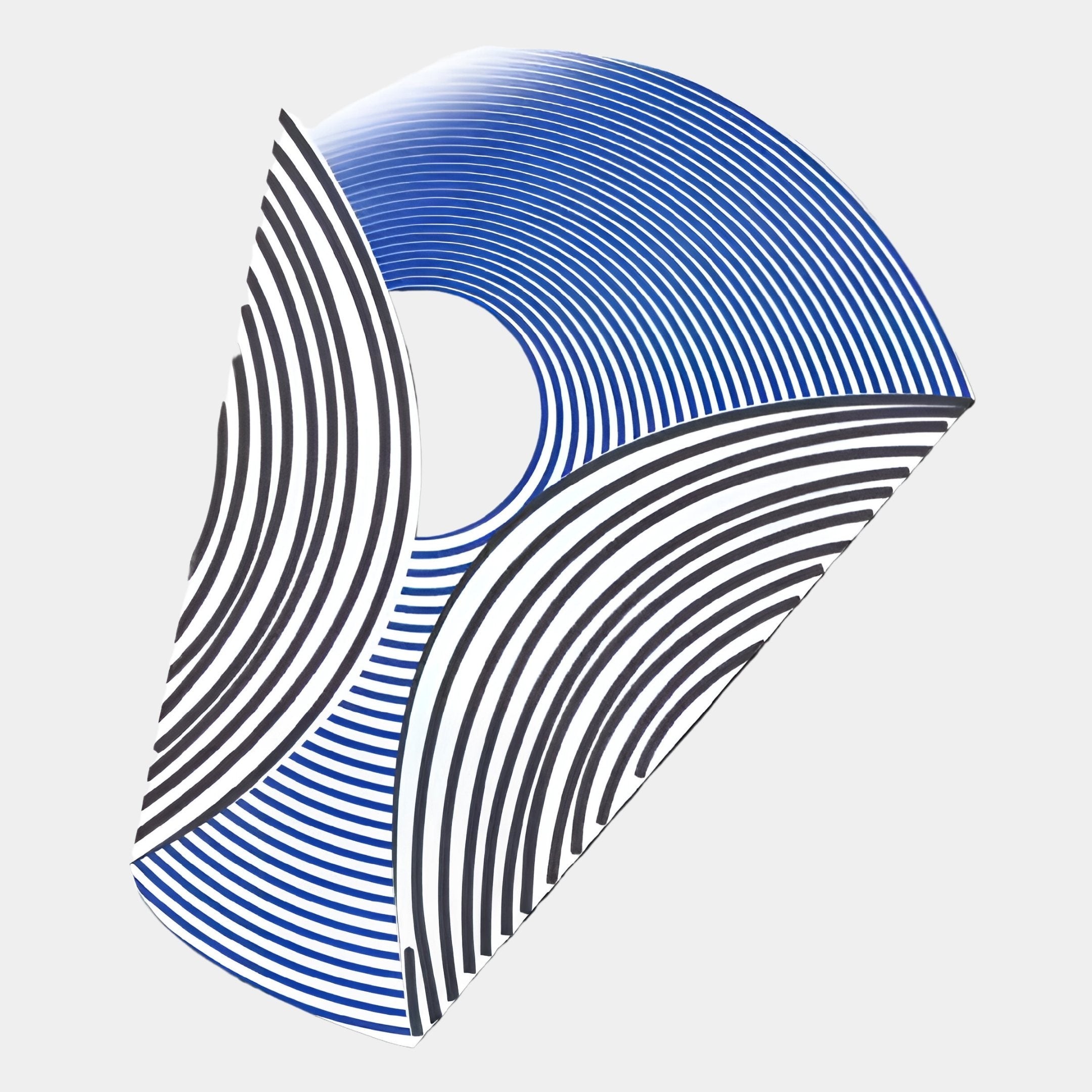 The Orison Noir Harmony UV Wood 3D Wall Art by Giant Sculptures features bold black and blue curved bands radiating from a white center, forming a striking geometric centrepiece on a light gray background.