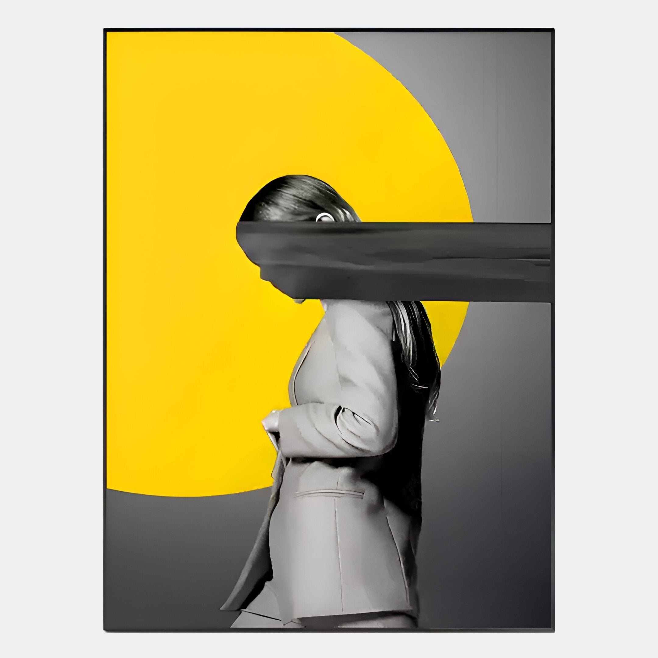 The Orison Golden Pulse Crystal Porcelain Wall Art by Giant Sculptures features a grayscale image of a woman in a suit, facing left, with her face obscured by a gray streak and a bold yellow circle pulsing behind her.