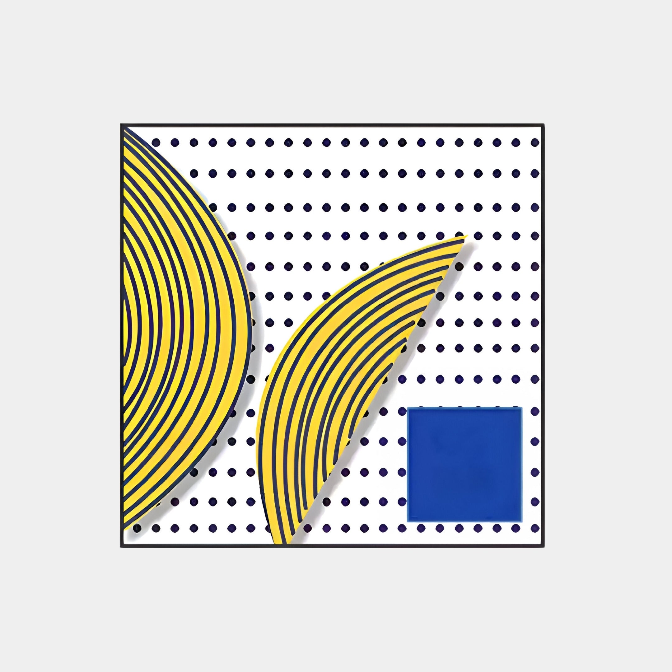 The Orison Modern Rhythm Crystal Porcelain 3D Wall Art by Giant Sculptures features abstract beauty with yellow curved shapes, blue concentric lines, black dots, and a blue square on a white background, blending geometric and linear elements.