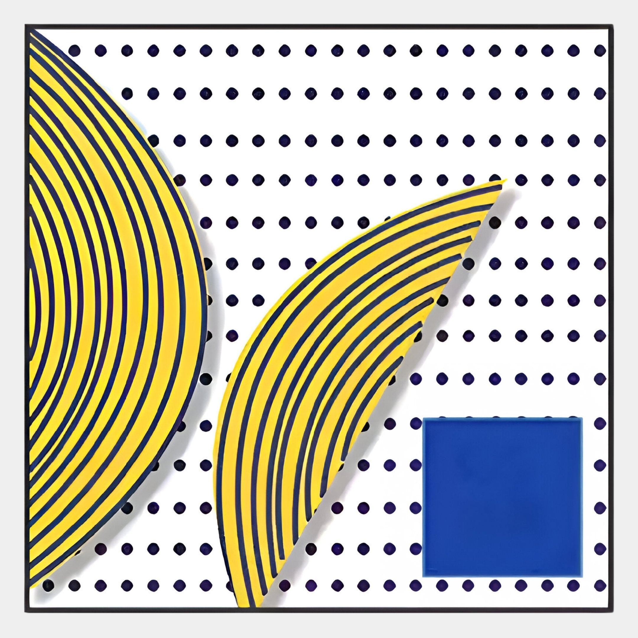 The Orison Modern Rhythm Crystal Porcelain 3D Wall Art by Giant Sculptures features abstract geometric design with curved yellow and blue lines, dark blue dots, and a solid blue square on white for a balanced modern look.