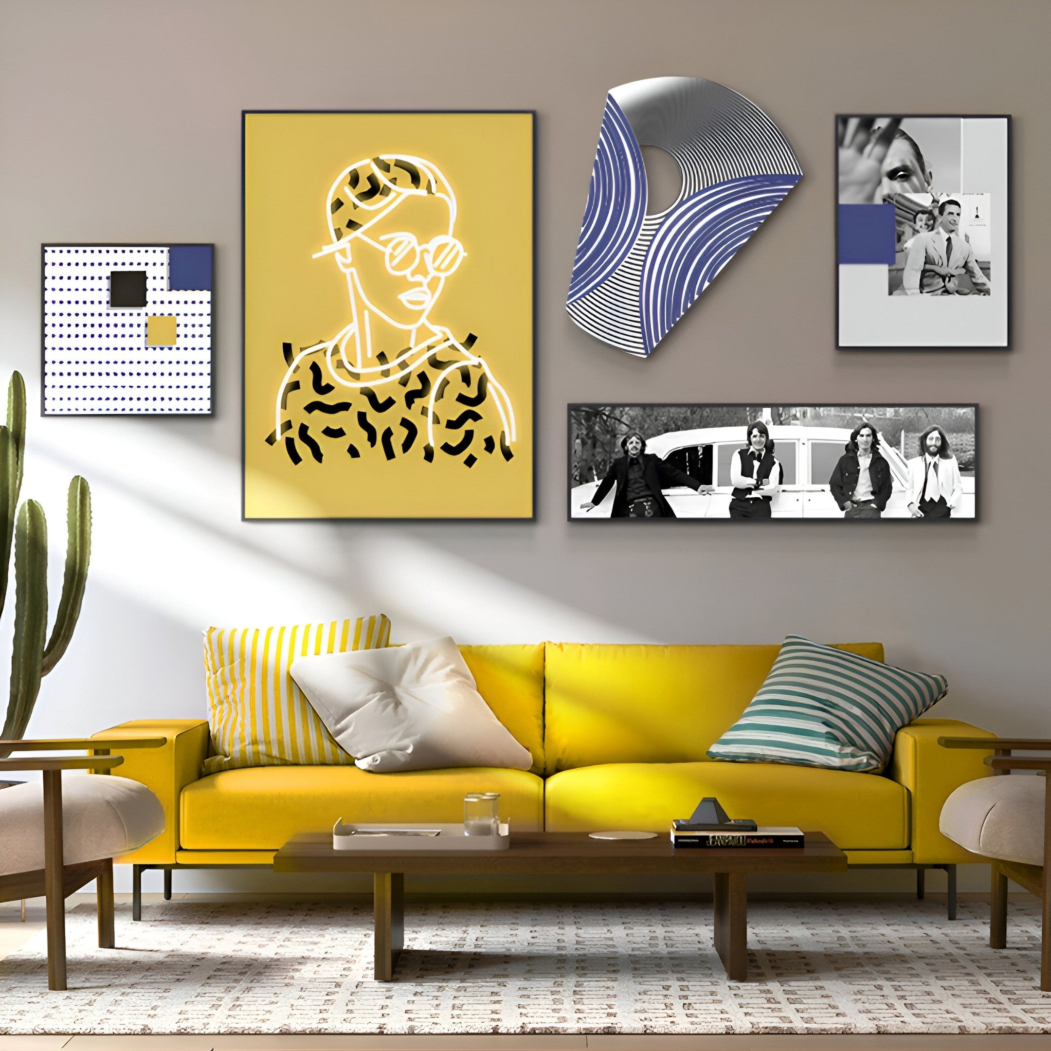 A modern living room with a vibrant yellow sofa, decorative pillows, and a tall cactus beside it. The wall showcases Giant Sculptures Orison Modern Rhythm Crystal Porcelain 3D Wall Art. A wooden coffee table sits in front of the sofa.