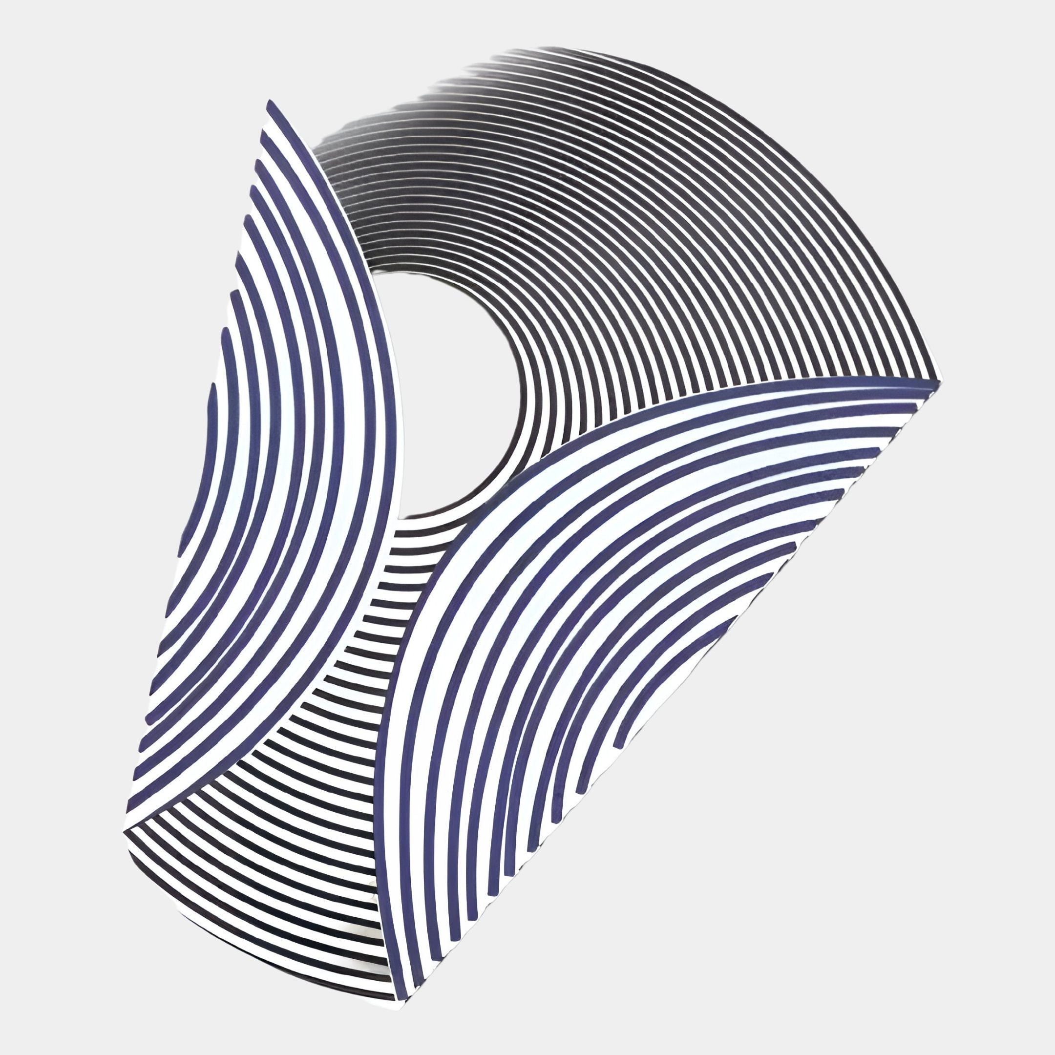 Orison Monochrome Fusion UV 3D Wood Wall Art by Giant Sculptures features abstract black and dark blue curved lines in a dynamic, fan-like triangle with a white center—an elegant monochrome accent on light gray.