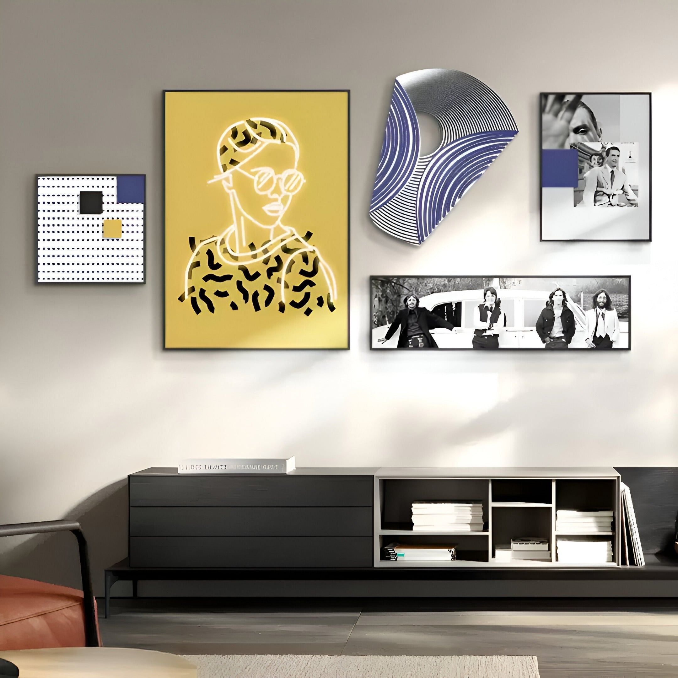 A modern living room boasts the Orison Monochrome Fusion UV 3D Wood Wall Art by Giant Sculptures. A yellow line art portrait with polka dots complements a wavy metal sculpture, while the dark console embodies organic minimalism, creating an elegant harmony.