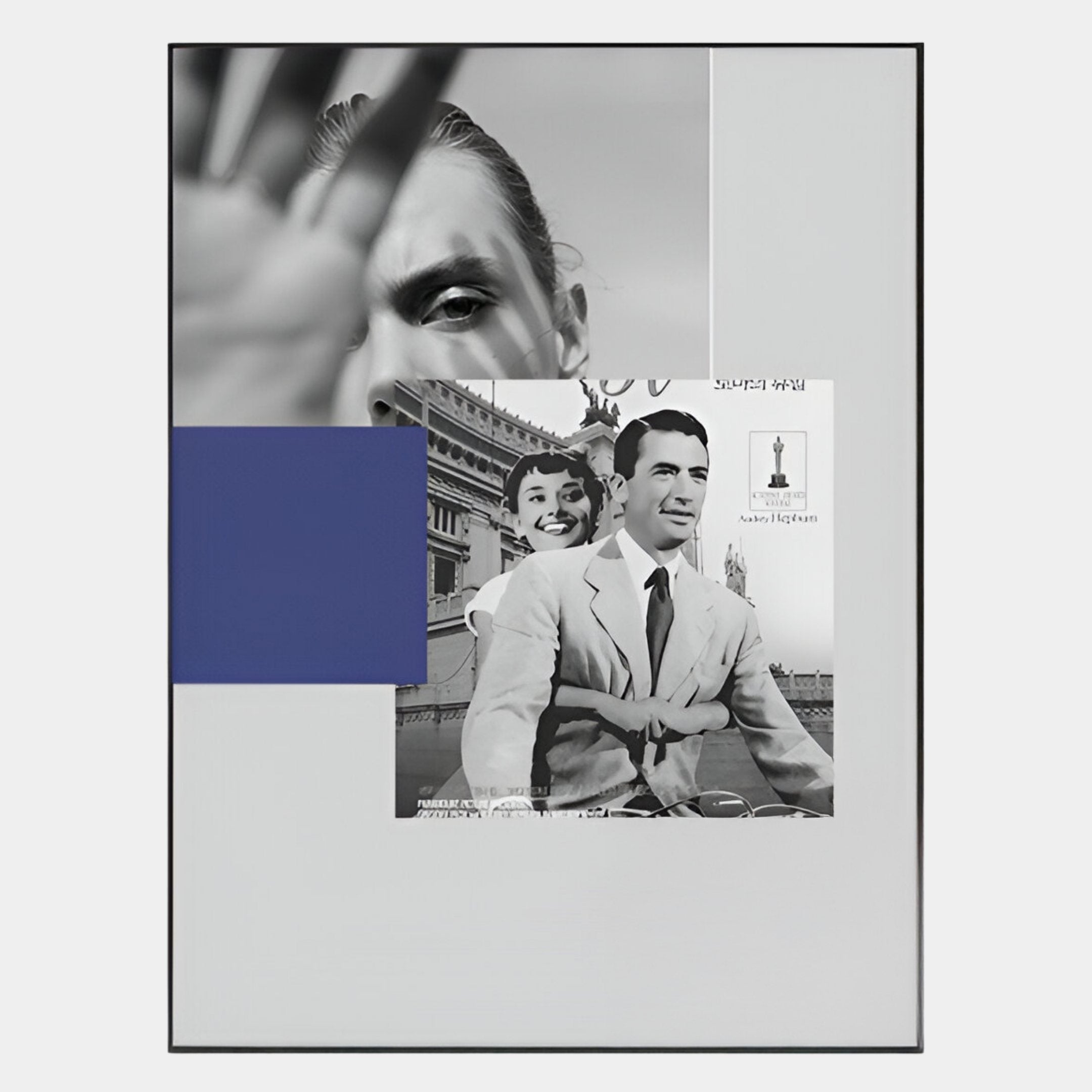 The Orison Urban Essence Crystal Porcelain Wall Art by Giant Sculptures features a modern collage with a black-and-white photo of a smiling couple on a scooter, accented with bold color blocks and urban-inspired monochrome imagery.