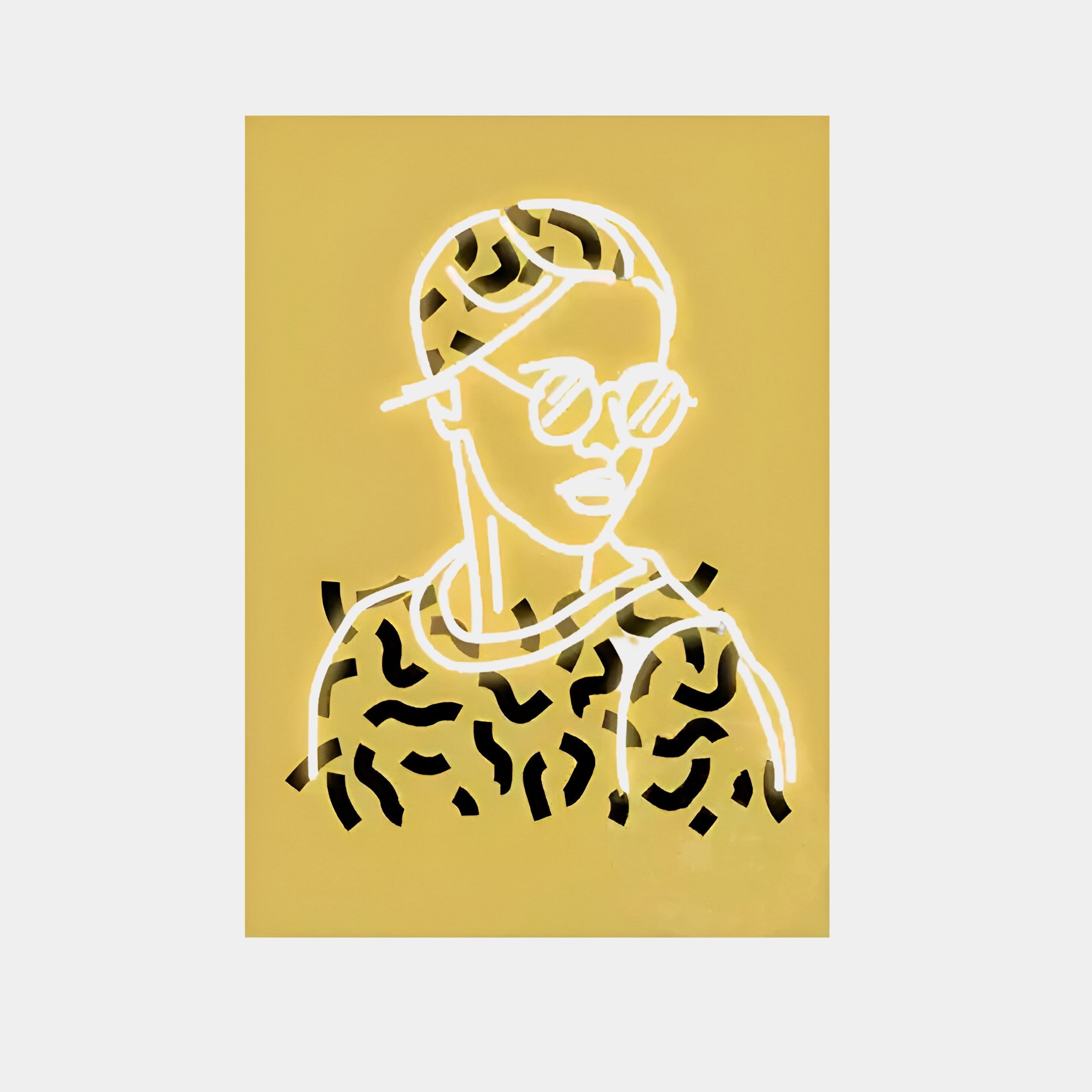 The Orison Retro Pop Crystal Porcelain 3D LED Wall Art by Giant Sculptures features a minimalist white neon outline of a short-haired person in sunglasses on a yellow backdrop, with LED lighting enhancing the wavy shirt patterns to add modern artistic flair.