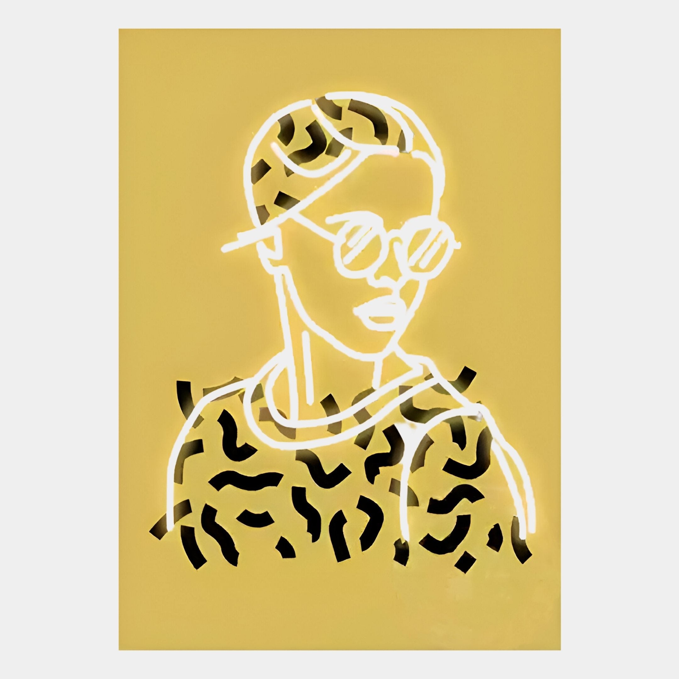 The Orison Retro Pop Crystal Porcelain 3D LED Wall Art by Giant Sculptures features a minimalist figure in white neon outline, round sunglasses, and cap on a yellow background—ideal for lovers of Retro Pop Art or striking LED decor.
