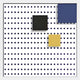 The Orison Geometric Play Crystal Porcelain 3D Wall Art by Giant Sculptures displays a grid of black dots on white, highlighted by a bold blue square at the top right, a small black center square, and a yellow one just below and to its right.