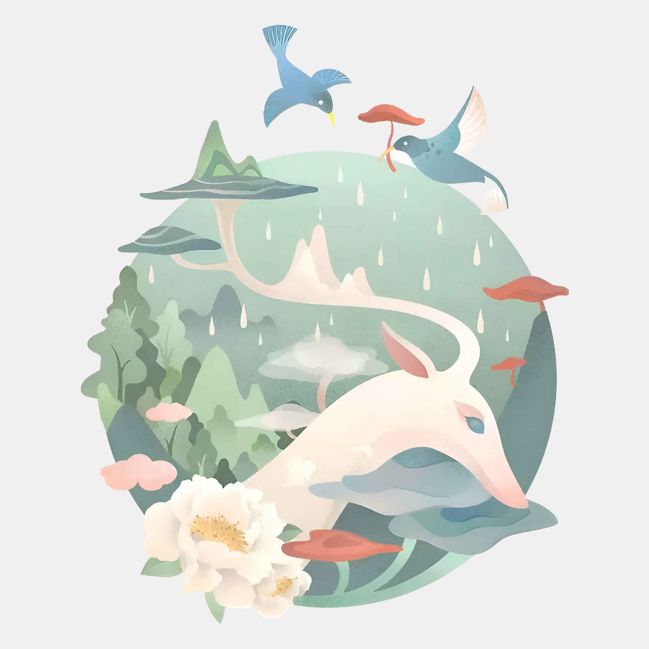 Gaia Soft Sage Wood Engraving 3D LED Wall Art by Giant Sculptures features a white deer in a pastel forest with mushrooms, mountains, flowers, and two blue birds—one carrying a red mushroom—for a dreamy, nature-inspired LED wall accent.