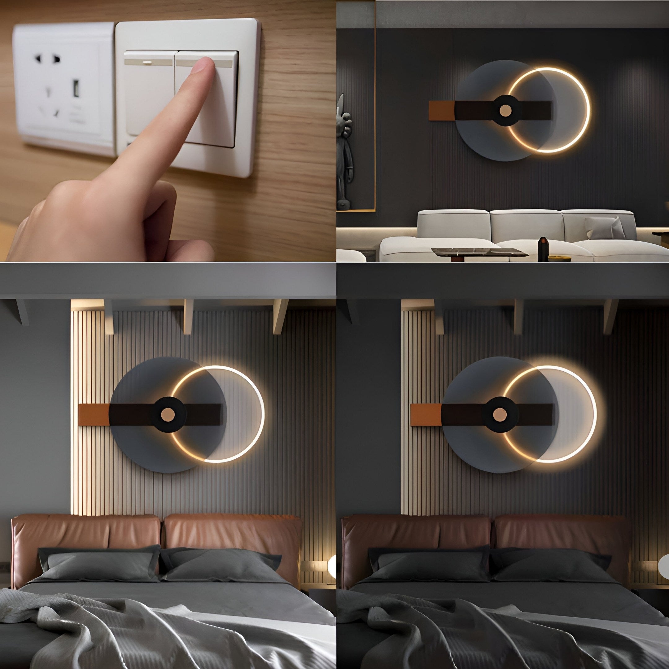 Four images: a hand flipping a switch, an abstract 3D LED Wall Art by Giant Sculptures in a living room, and two bedroom views with Eclipse I Charcoal Bronze art above the bed. This contemporary design features circular elements with warm, glowing edges.