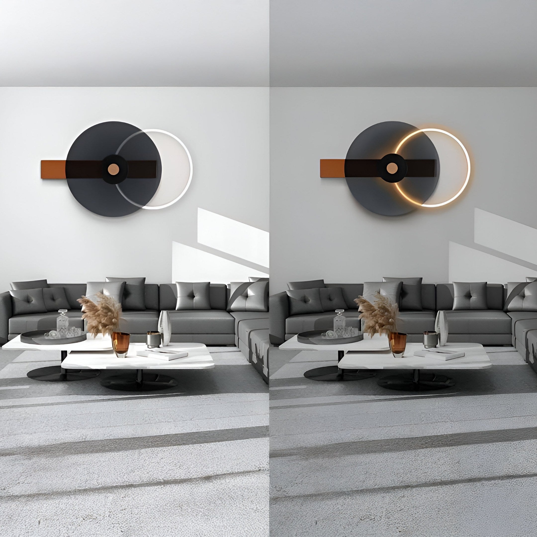 Modern living room with gray sectional sofa, white coffee table, and decor. Featuring contemporary wall art in circular shapes: the left image shows Giant Sculptures’ Eclipse I Charcoal Bronze Acrylic 3D LED Wall Art unlit; the right image reveals it illuminated with a warm glow.