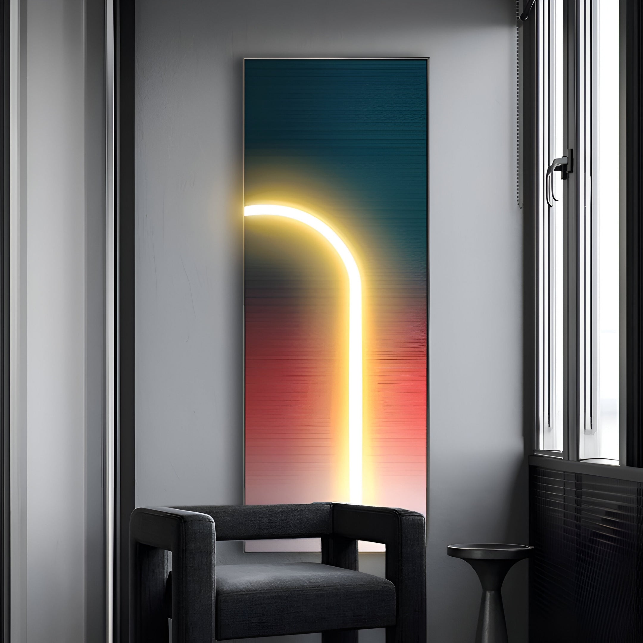 Contemporary LED wall art with a glowing curved light over a gradient background, enhancing modern interiors with artistic ambiance.