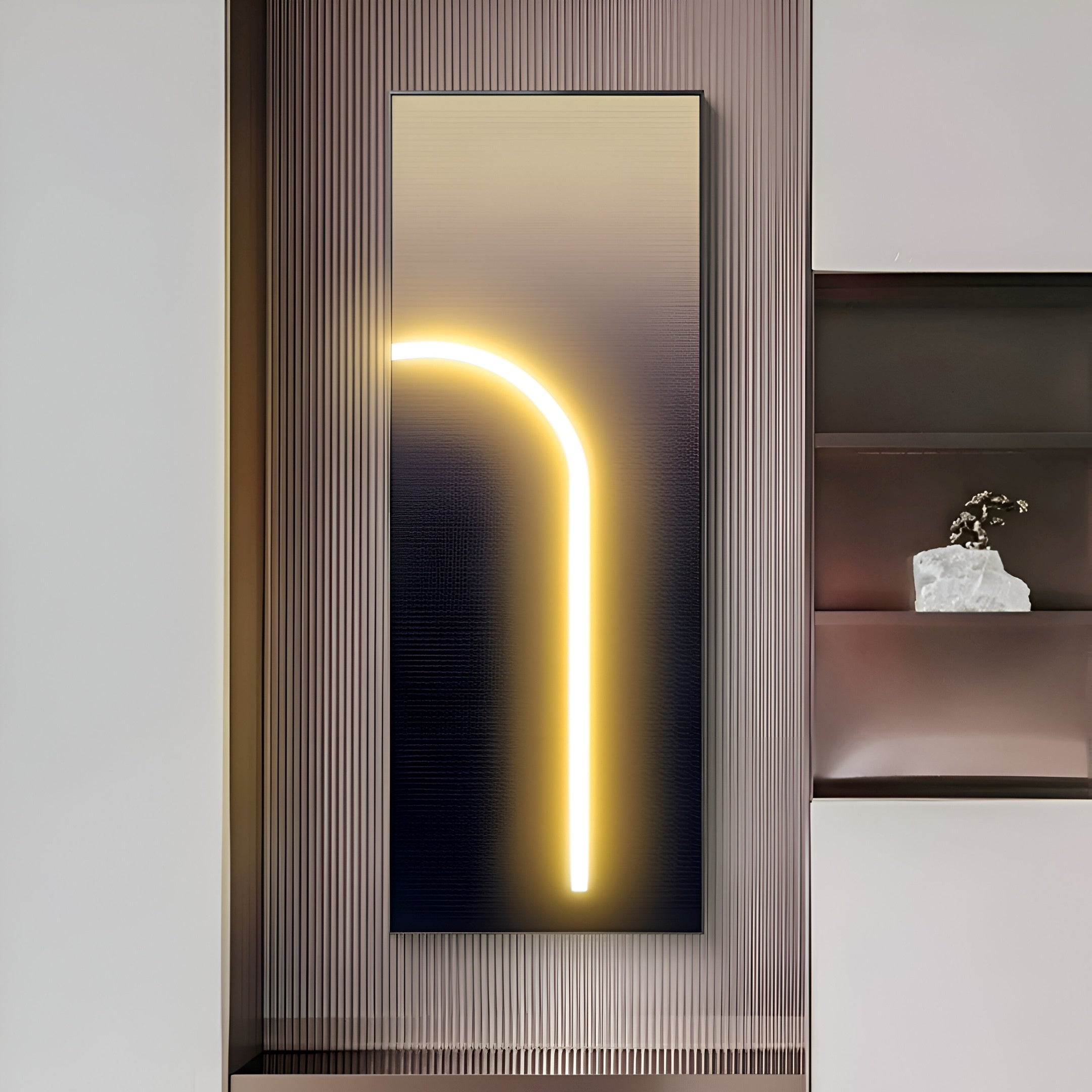 Contemporary LED wall art with soft golden lighting on a gradient canvas, enhancing sophisticated interior decor.