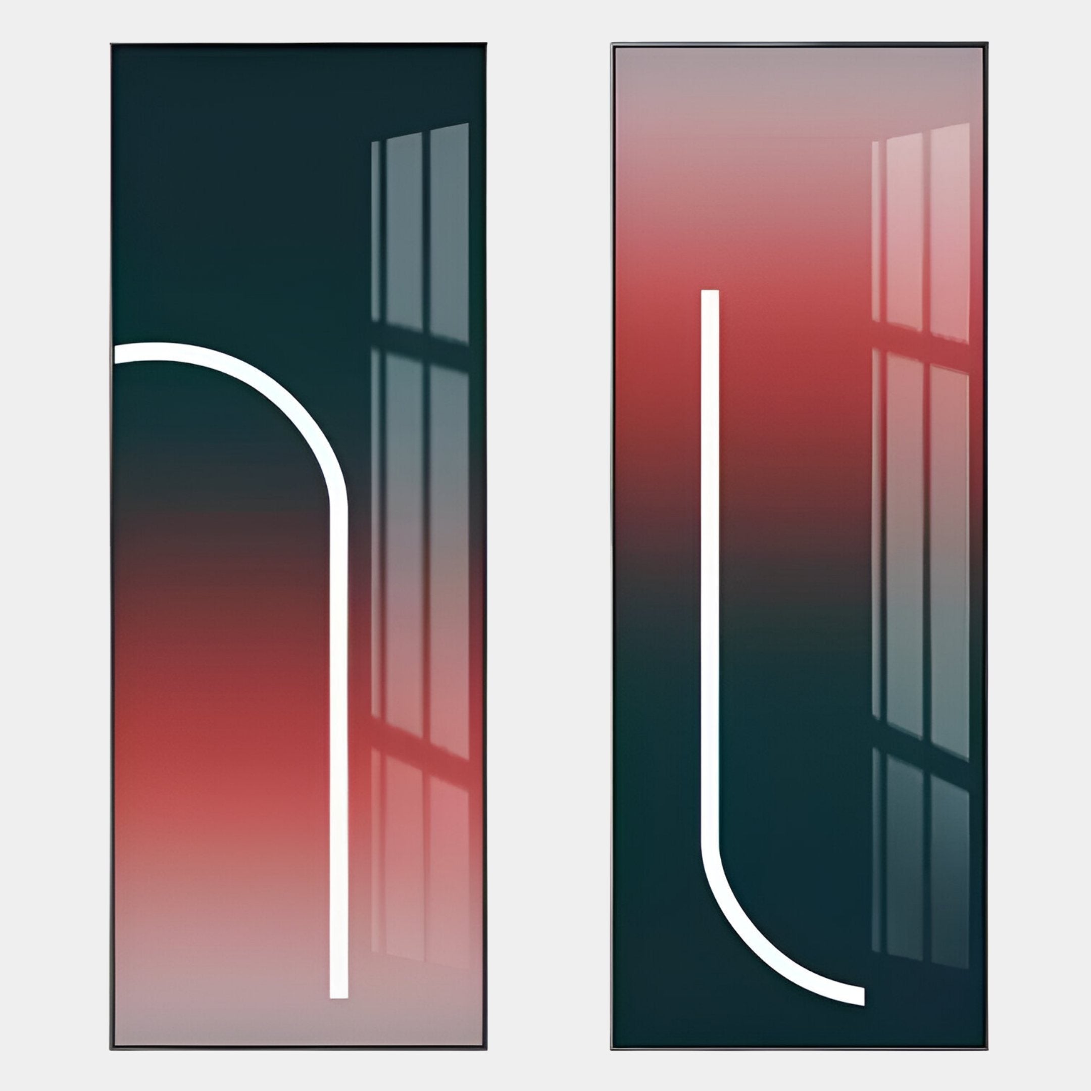 The Arcolume III Geometric Abstraction Gradient LED Wall Art by Giant Sculptures features two rectangular panels with dark green and red gradients, white curved lines, and window reflections on the right side for depth.