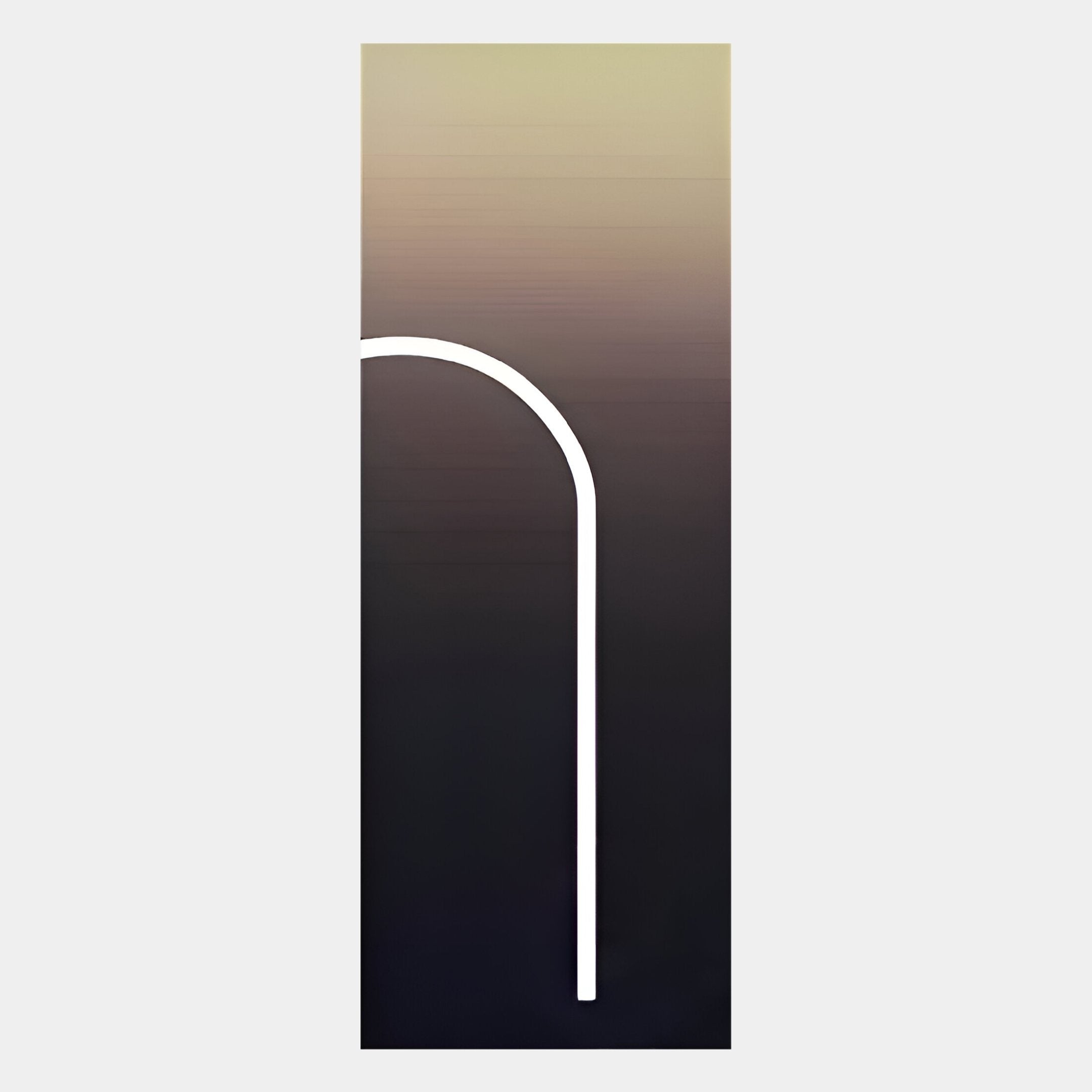 The Arcolume I Neutral Gradient Geometric LED Wall Art by Giant Sculptures is a tall, narrow rectangle with a light beige to dark gray gradient and a thin white curved line in an upside-down L shape—modern minimalist design.