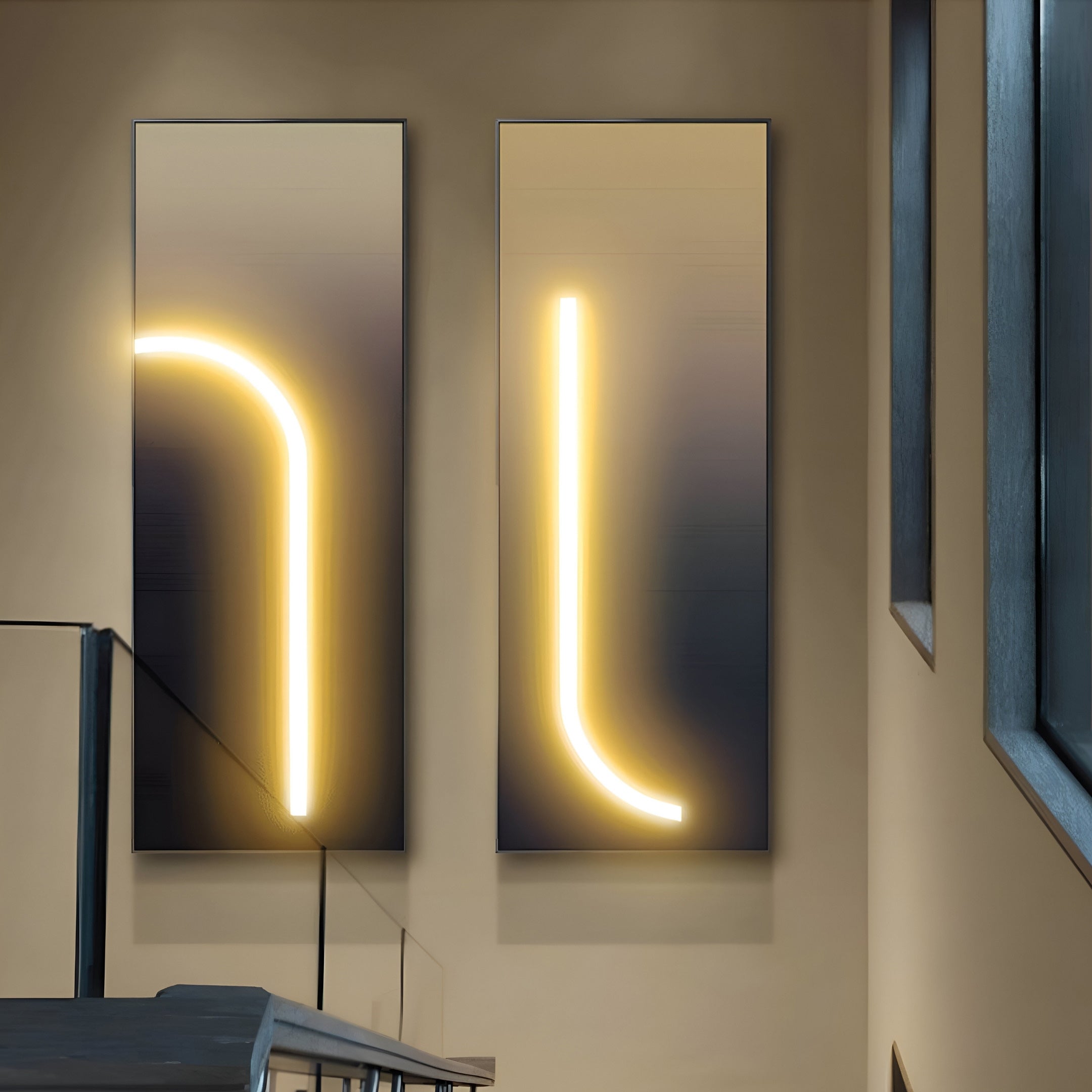 Pair of LED wall art panels with warm glowing accents on a neutral gradient background, perfect for modern stairways or living areas.