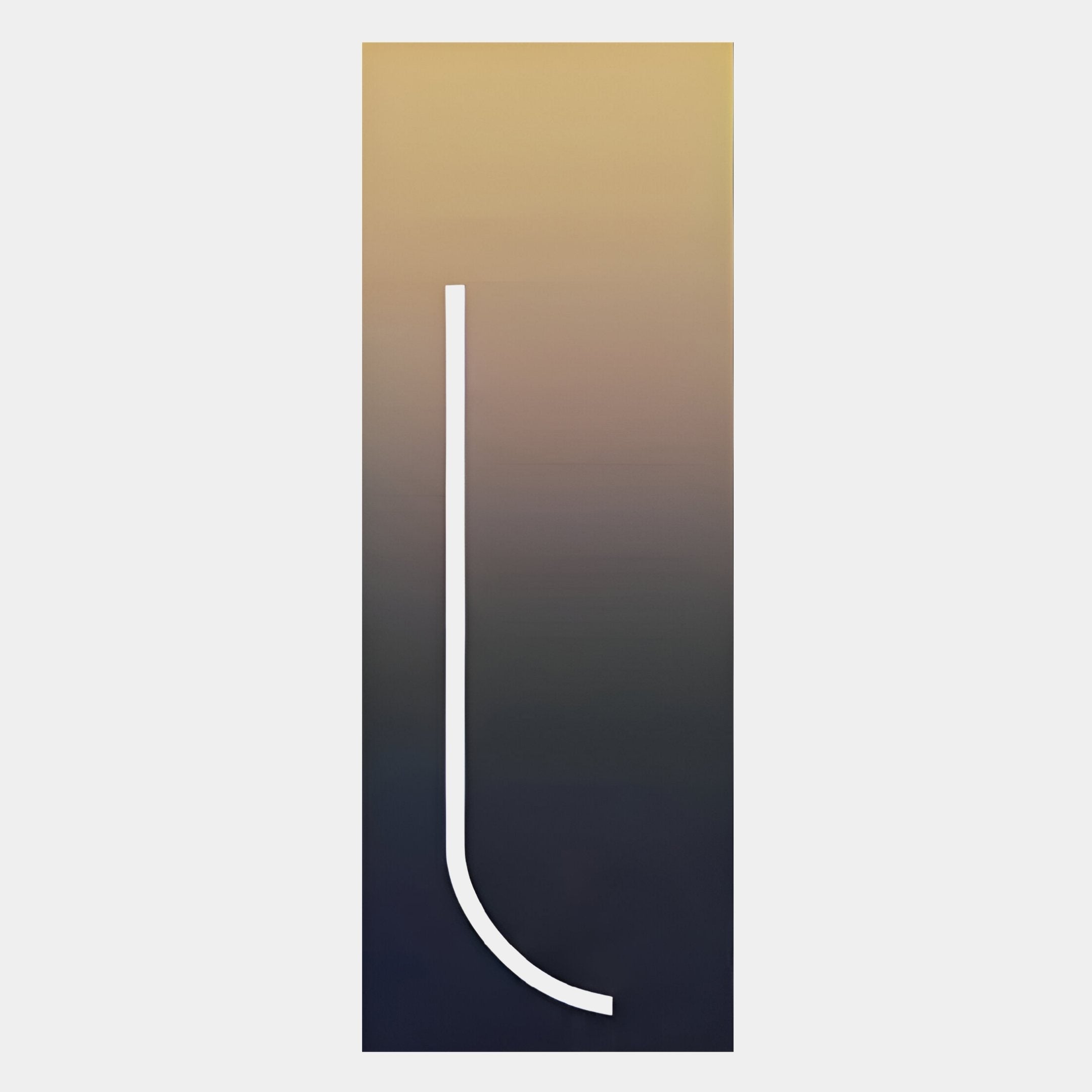 The Arcolume II Neutral Gradient Geometric LED Wall Art by Giant Sculptures is a tall vertical rectangle with a beige-to-dark blue gradient and a thin white line running from the top center down, curving left near the bottom.