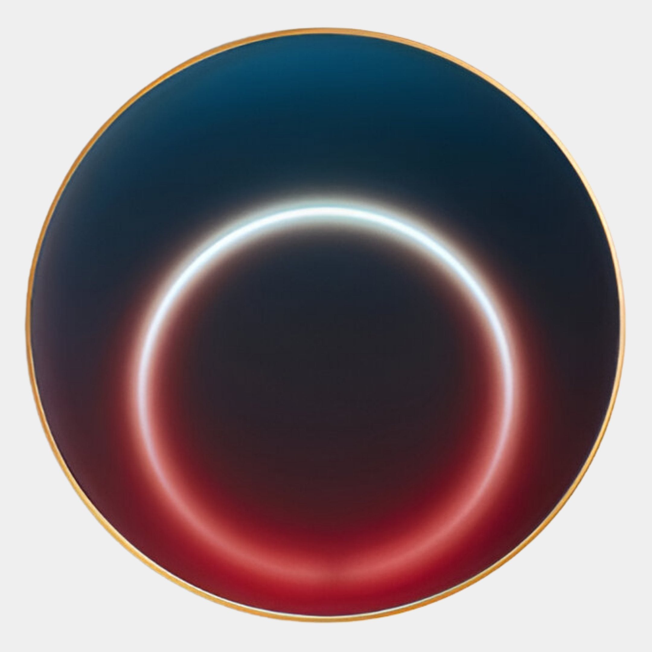 The Aurora Twilight Crimson Crystal Porcelain LED Wall Art by Giant Sculptures features a round plate with a dark gradient background, glowing ring from white to red, and gold rim—perfect for adding twilight vibes to your space.